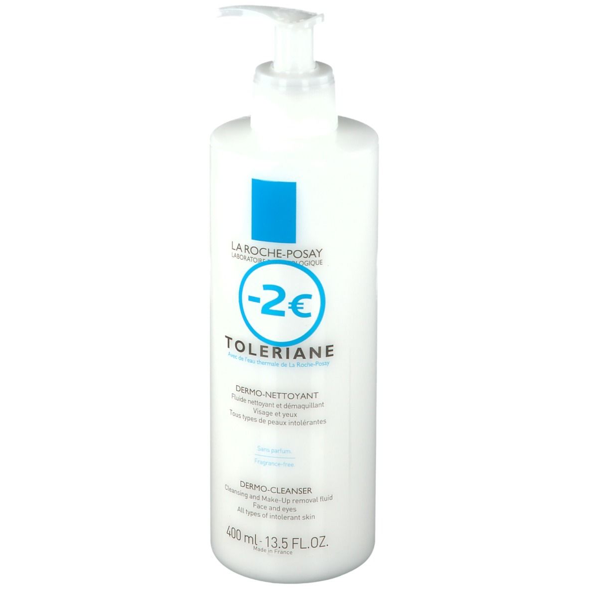 Witte fles met pomp. Tekst: LA ROCHE-POSAY, TOLERIANE, Dermo-Nettoyant, Dermo-Cleanser. Volume: 400 ml.