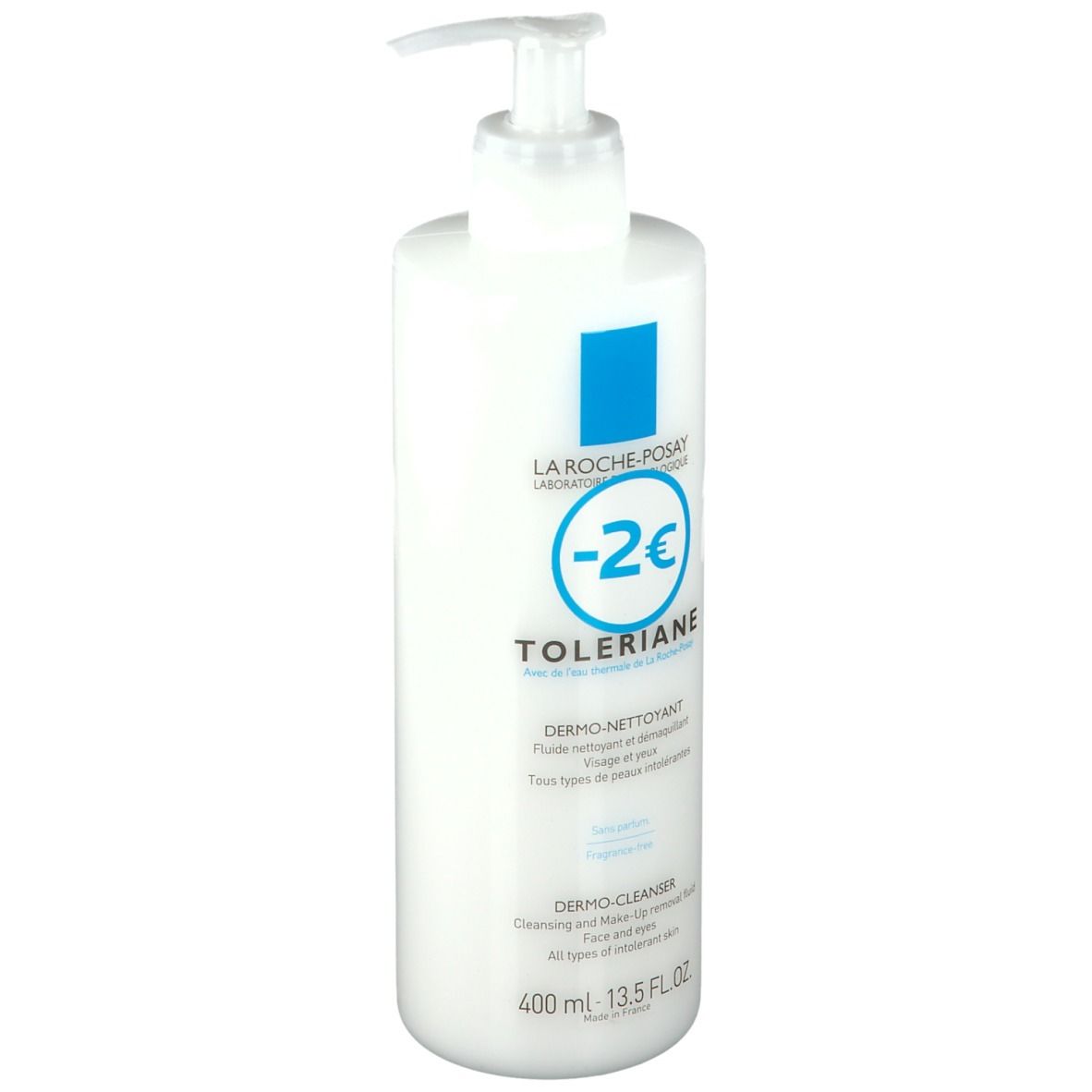 Witte fles met pomp. Tekst: LA ROCHE-POSAY, TOLERIANE, Dermo-Nettoyant, Dermo-Cleanser. Volume: 400 ml.
