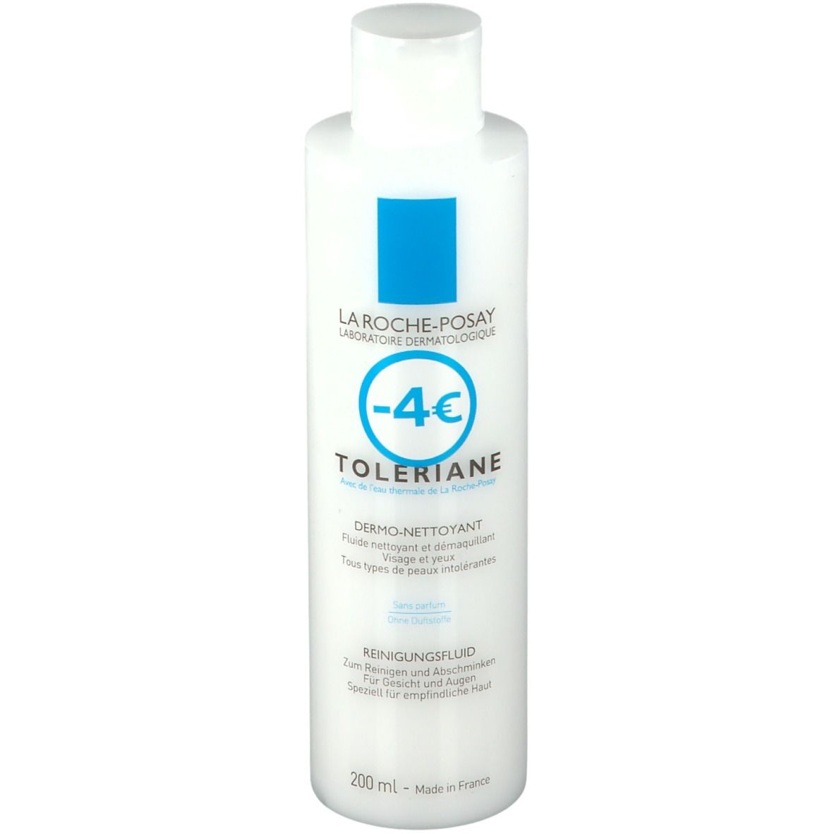 Flacon blanc avec étiquette bleue. Inscription: LA ROCHE-POSAY, TOLERIANE, fluide nettoyant. 200 ml. Bouchon en haut.