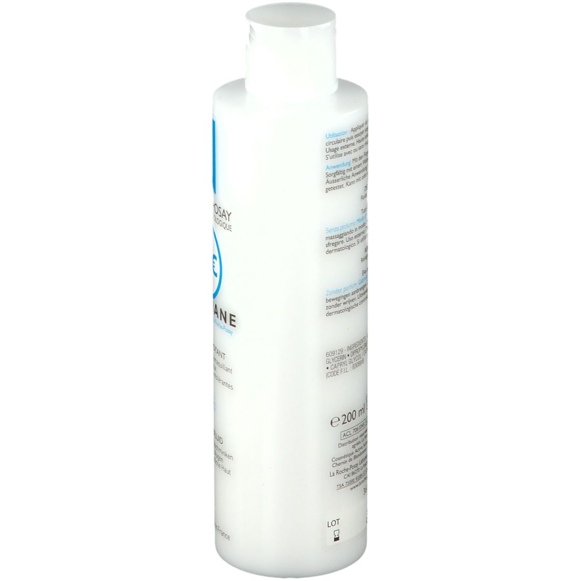 Flacon blanc avec bouchon blanc. Dos avec texte et code-barres. Inscription: e200 ml. Fabriqué en France.