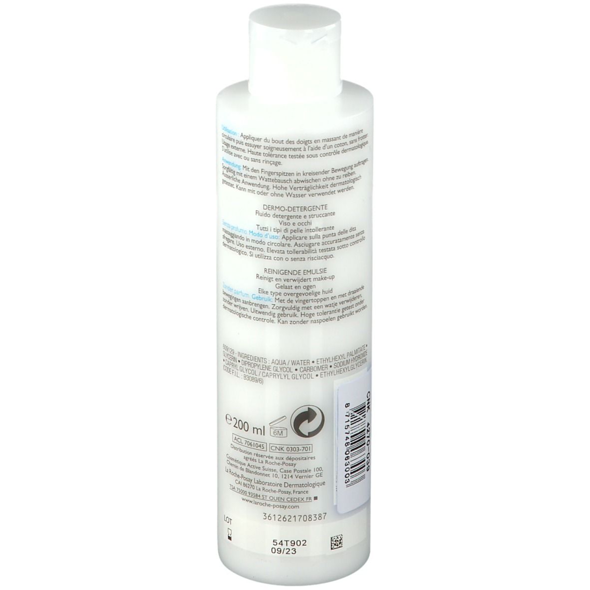 Flacon blanc avec texte et code-barres. Inscription: e200 ml. Fabriqué en France. Symbole de recyclage. Date de péremption.