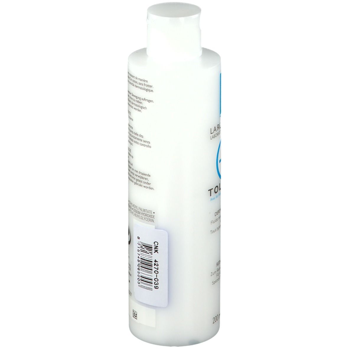 Flacon blanc avec bouchon blanc. Dos avec texte et code-barres. Inscription: e200 ml. Fabriqué en France.