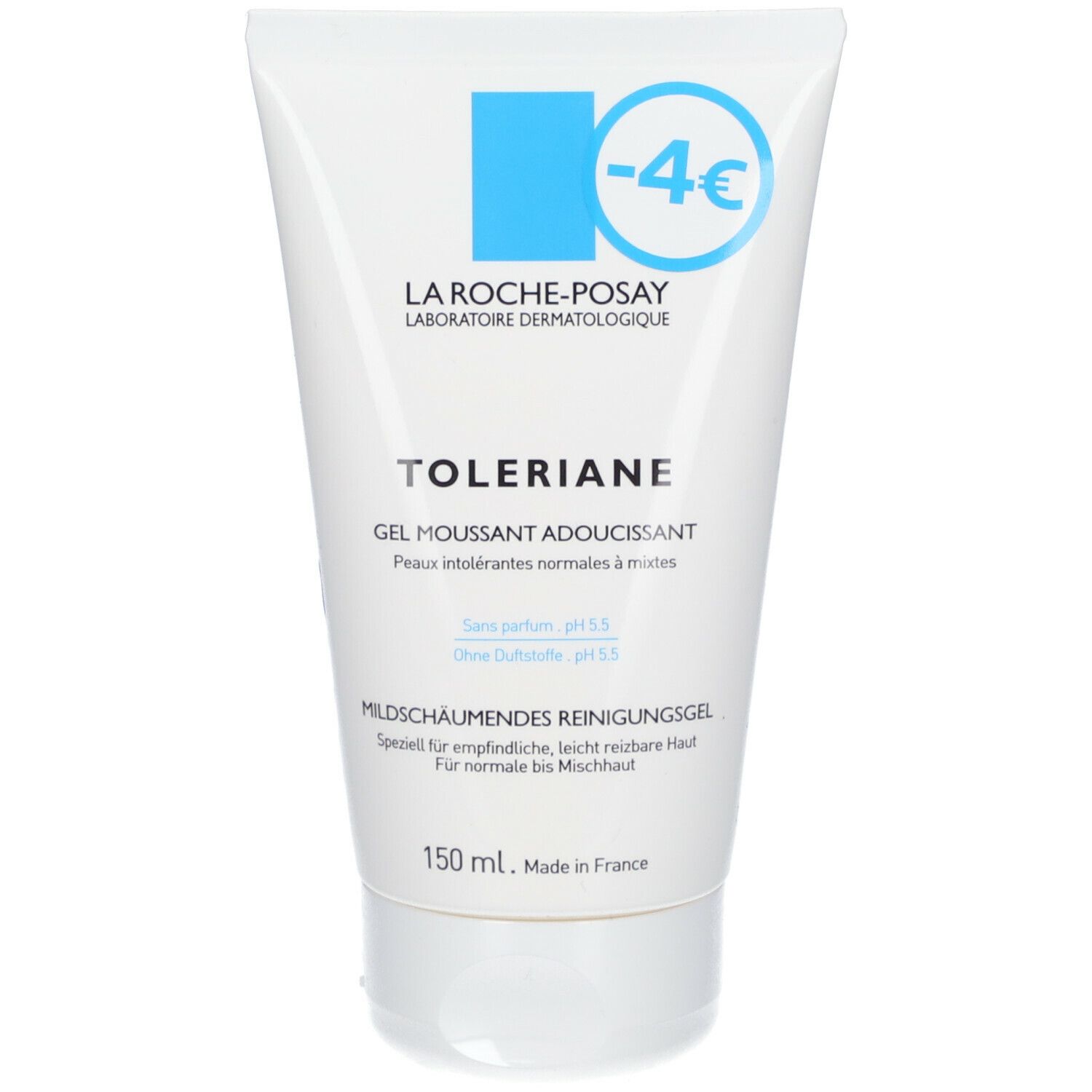 Witte reinigingsgel van La Roche-Posay. Opschrift: Toleriane, Gel Moussant Adoucissant. 150 ml. Made in France. Met kortingssymbool.