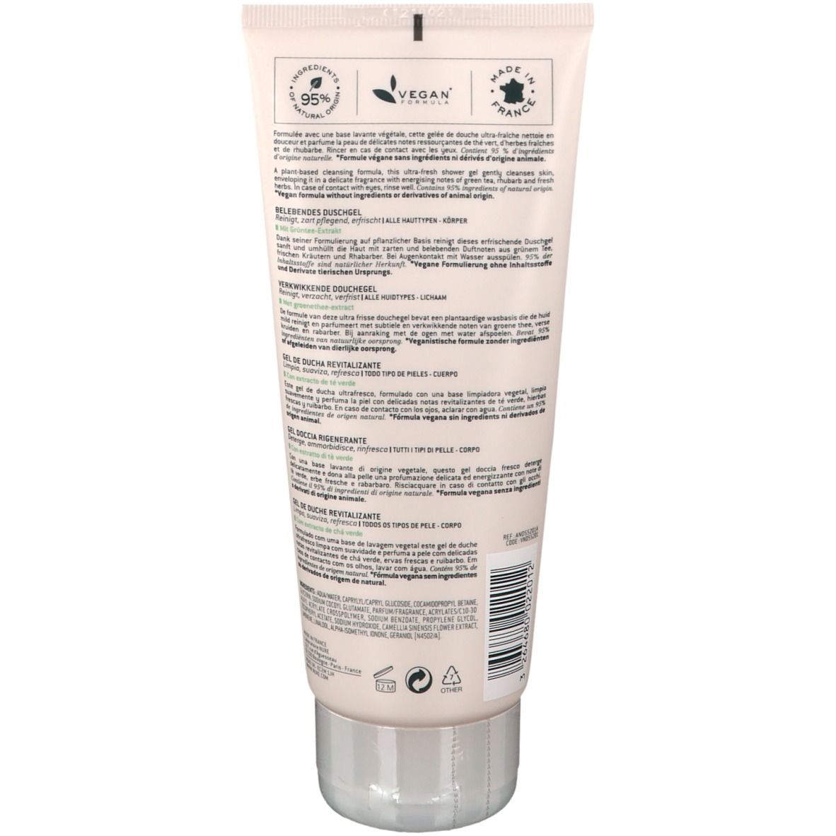Dos du tube. Texte multilingue. Label Vegan. Fabriqué en France. 95% ingrédients d'origine naturelle.