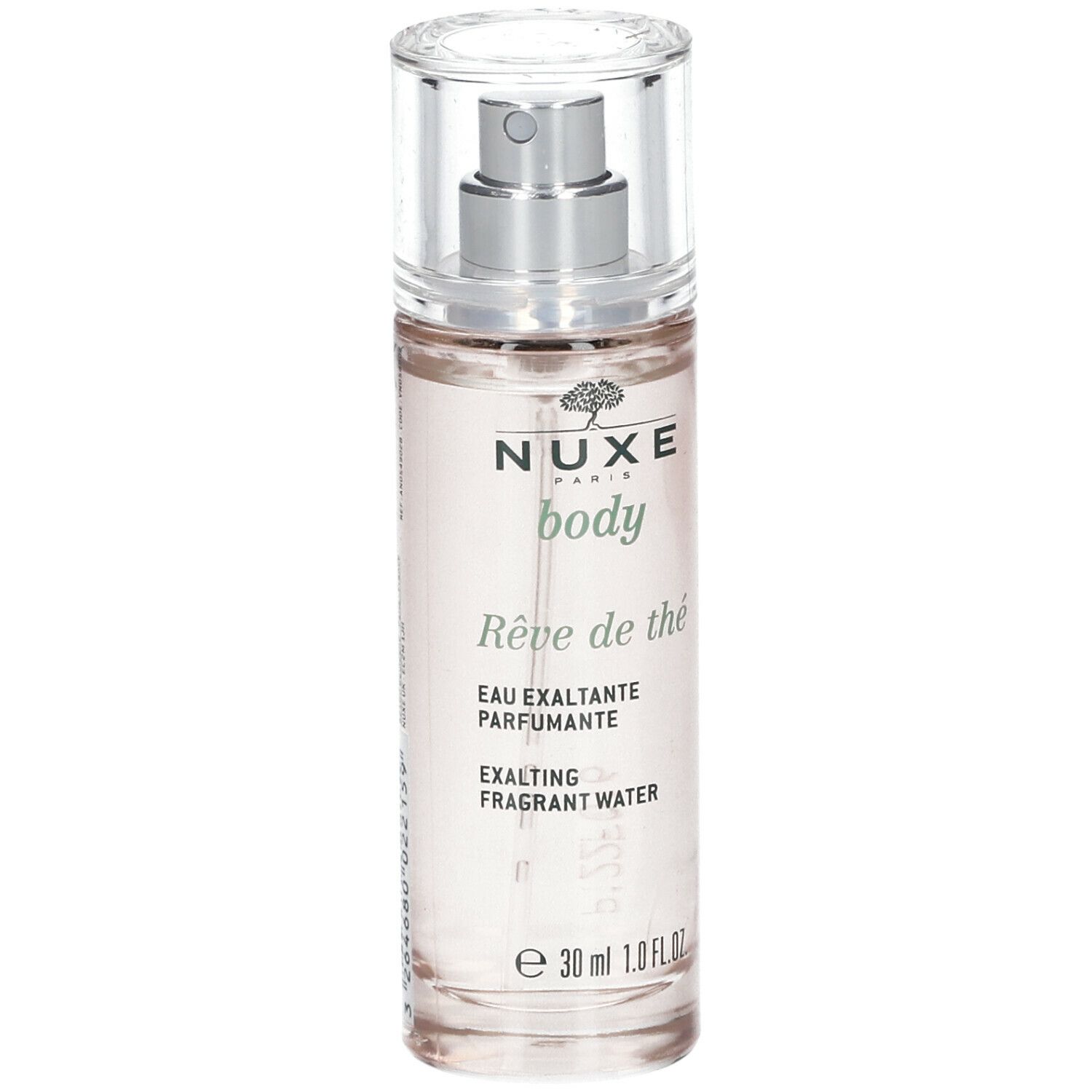 Transparante flacon met verstuiver. Opschrift: NUXE body, Rêve de thé, Eau exaltante parfumante, Exalting fragrant water.