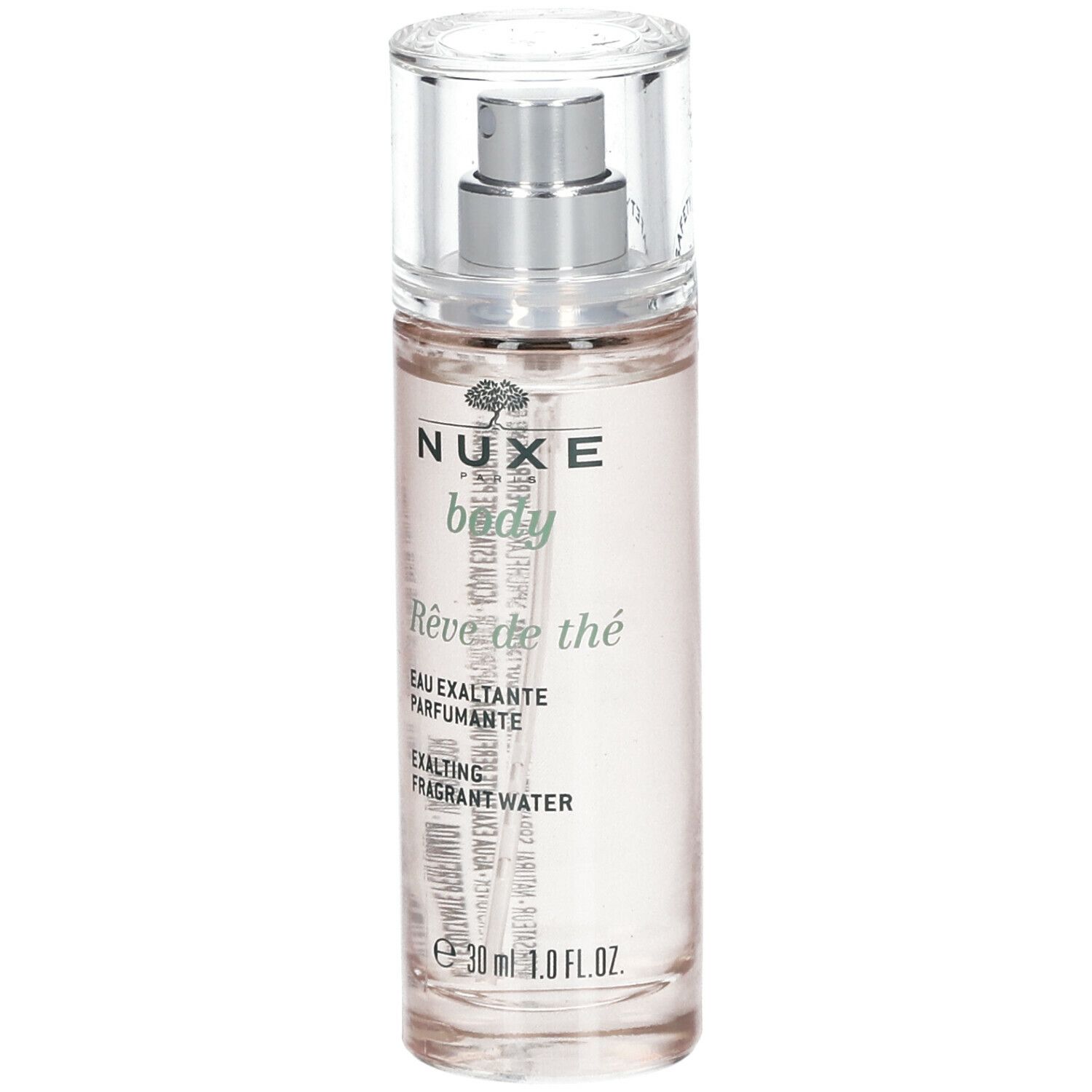 Transparante flacon met verstuiver. Opschrift: NUXE body, Rêve de thé, Eau exaltante parfumante, Exalting fragrant water.