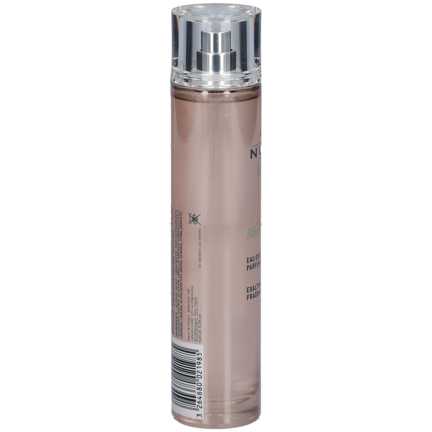 Dos du flacon NUXE Body Rêve de thé. Code-barres et informations textuelles. Flacon transparent avec vaporisateur.