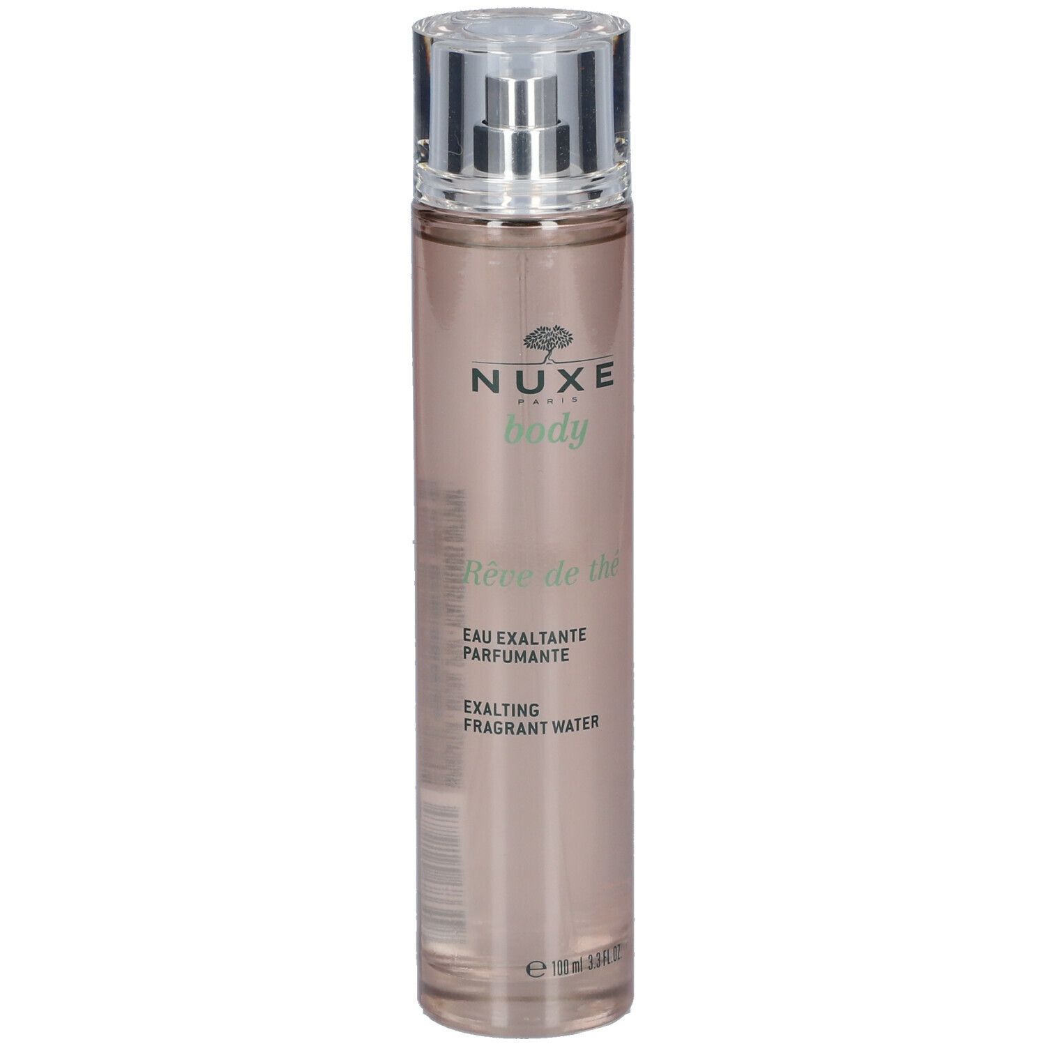 Spray parfumé NUXE Body Rêve de thé. Flacon transparent avec vaporisateur. Nom du produit et logo sur le devant.
