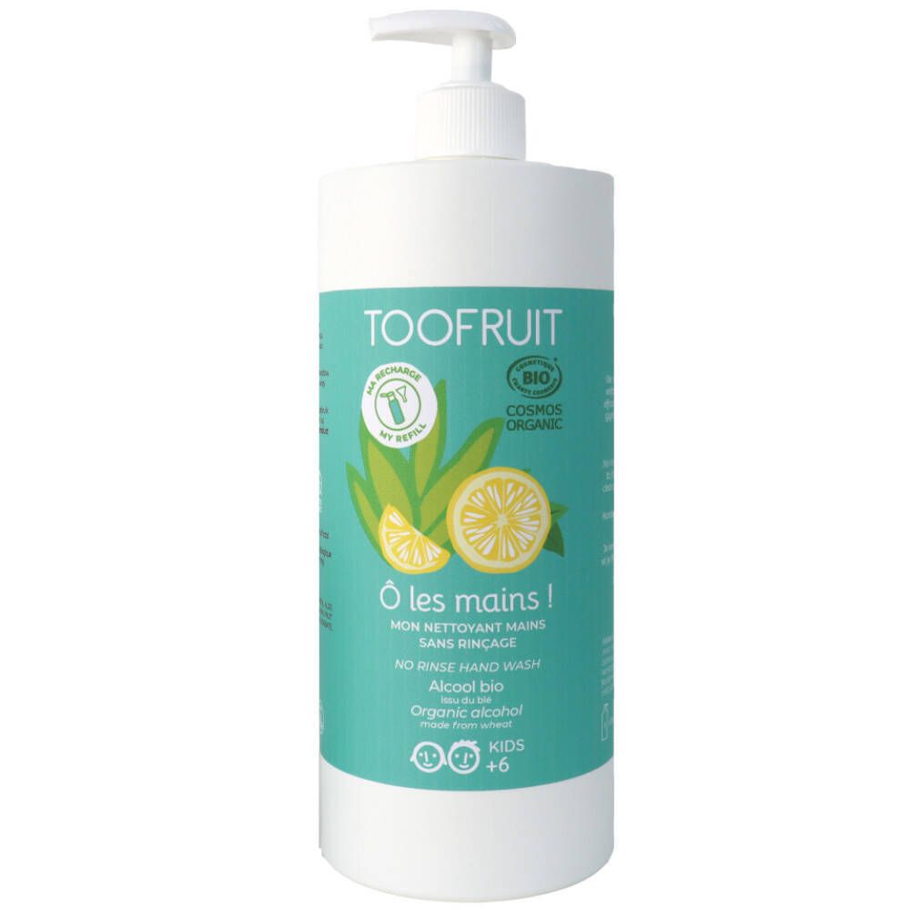 TOOFRUIT handwasgel. Witte fles met pomp. Turquoise etiket met citroen en bladeren. Tekst: Ô les mains! Alcool bio.