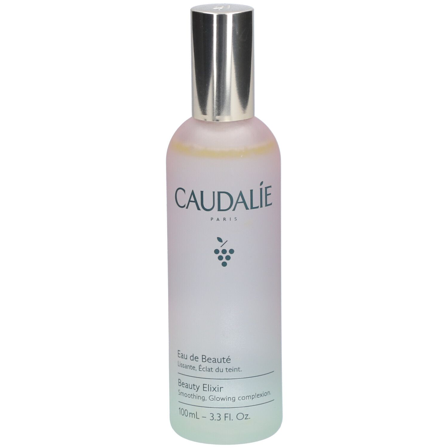 Flasche mit silbernem Verschluss. Aufschrift: CAUDALIE, Eau de Beauté, Beauty Elixir. 100ml.