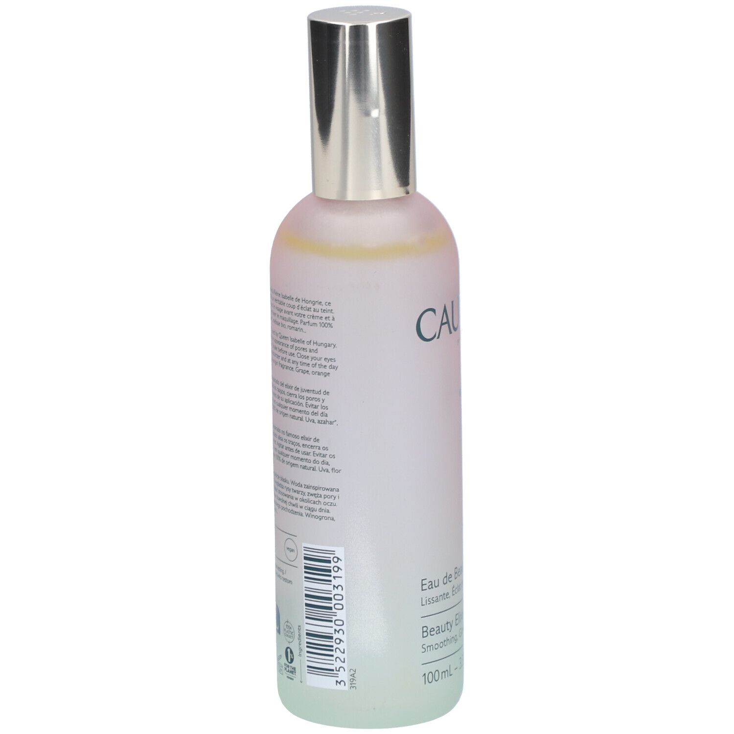 Flasche mit Text auf der Rückseite. Aufschrift: CAUDALIE, Eau de Beauté, Beauty Elixir. 100ml. Mit Barcode.