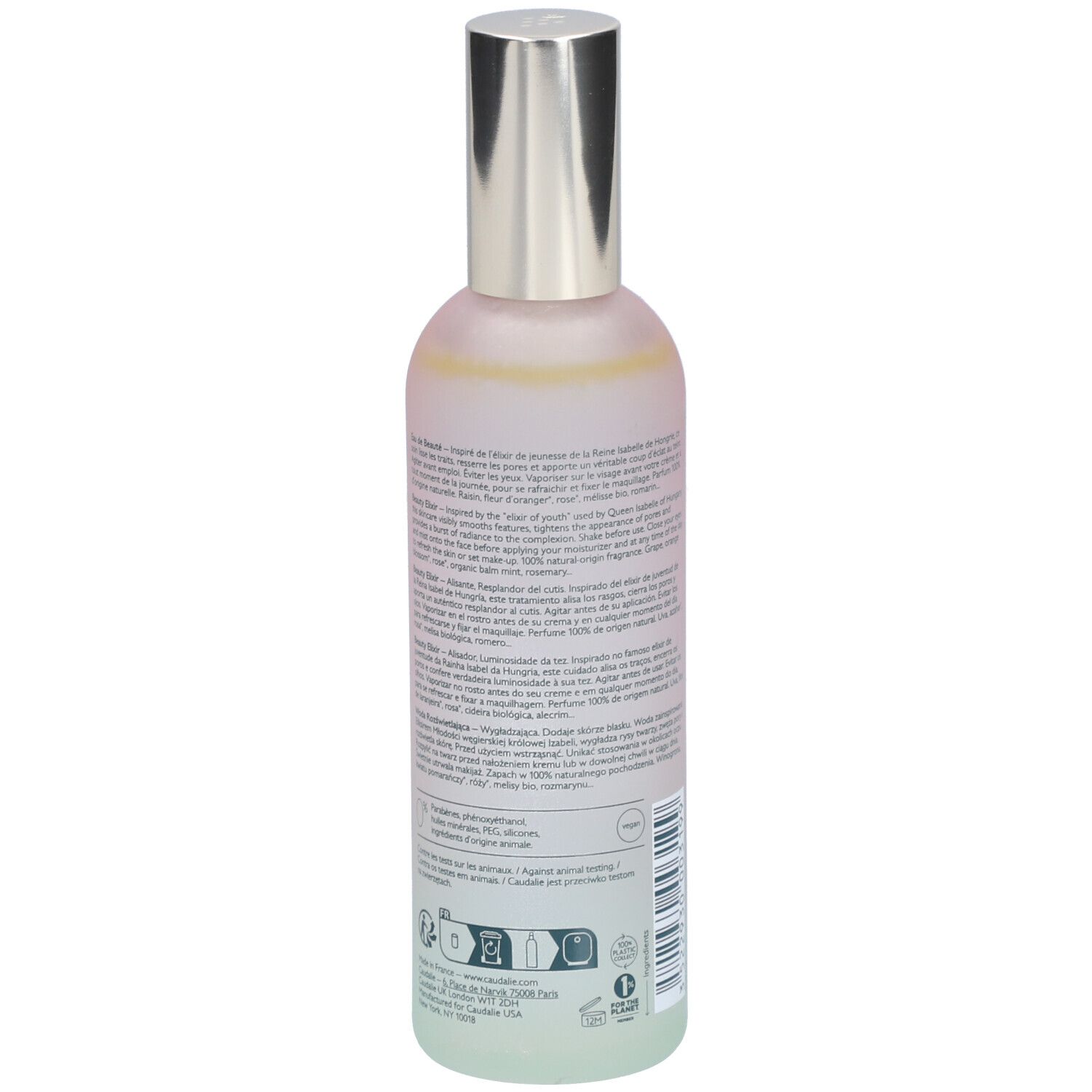Flasche mit Text auf der Rückseite. Aufschrift: CAUDALIE, Eau de Beauté, Beauty Elixir. 100ml. Mit Barcode.