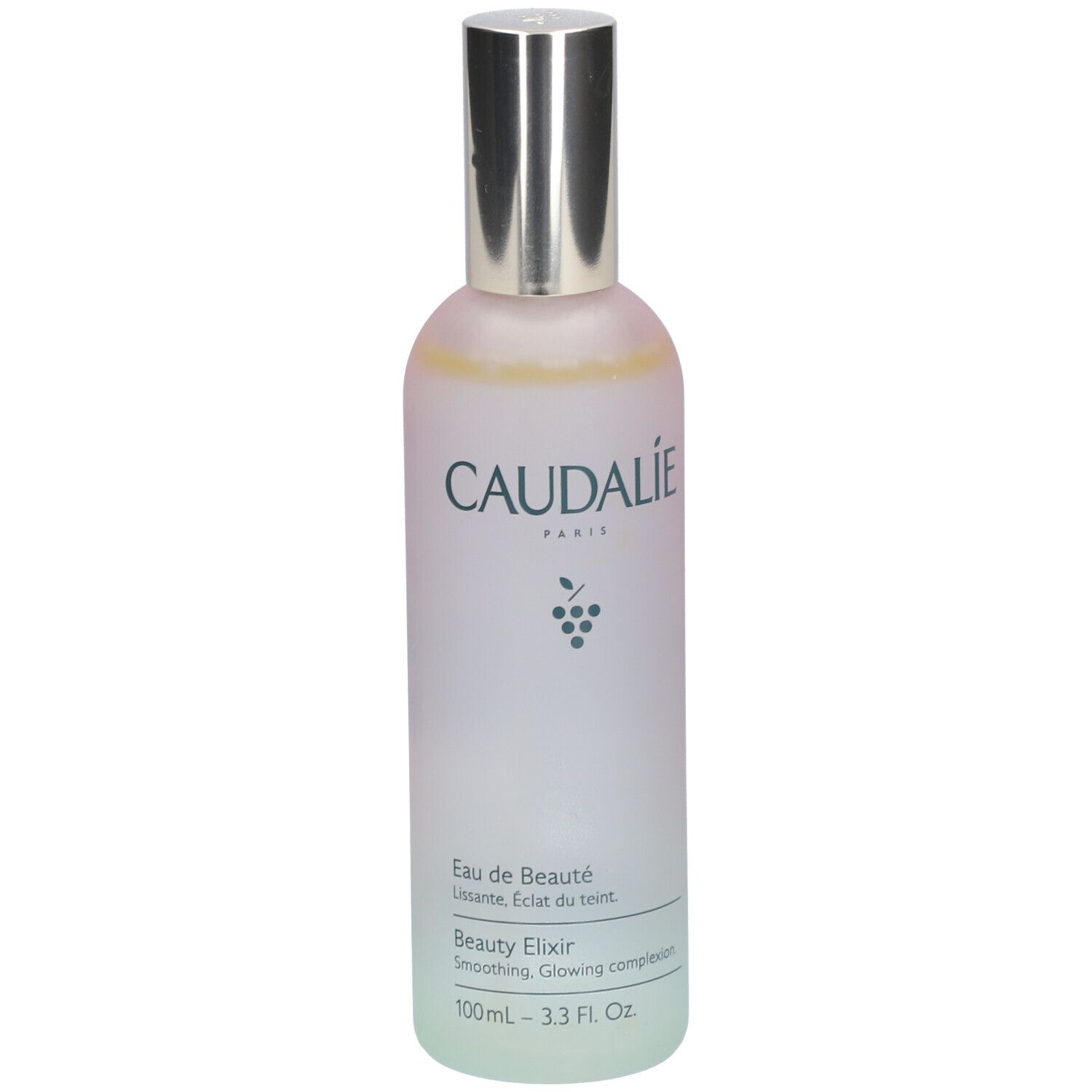 Flasche mit silbernem Verschluss. Aufschrift: CAUDALIE, Eau de Beauté, Beauty Elixir. 100ml.