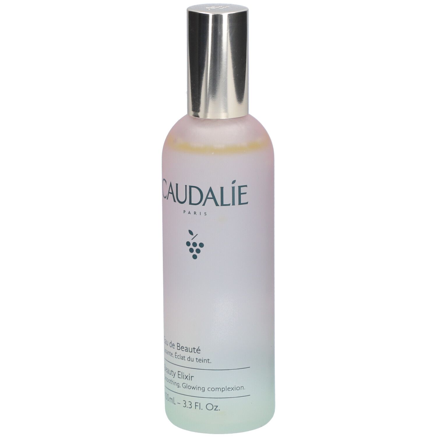 Flasche mit silbernem Verschluss. Aufschrift: CAUDALIE, Eau de Beauté, Beauty Elixir. 100ml.