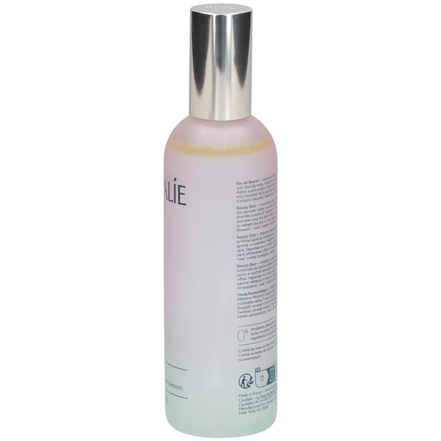 Flasche mit Text auf der Rückseite. Aufschrift: CAUDALIE, Eau de Beauté, Beauty Elixir. 100ml. Mit Barcode.