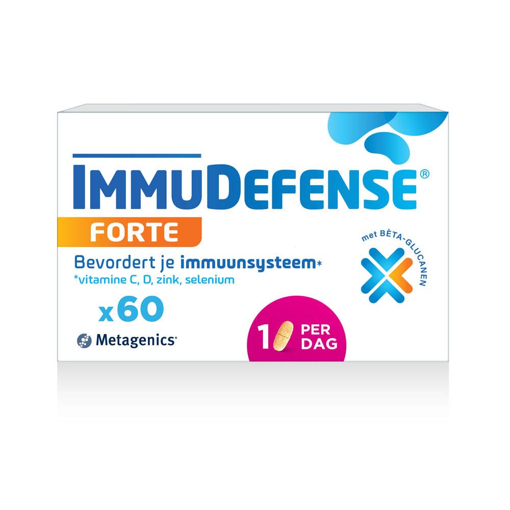 Doos ImmuDefense Forte. Bevat 60 tabletten. Met bèta-glucanen en vitaminen C, D, zink en selenium.