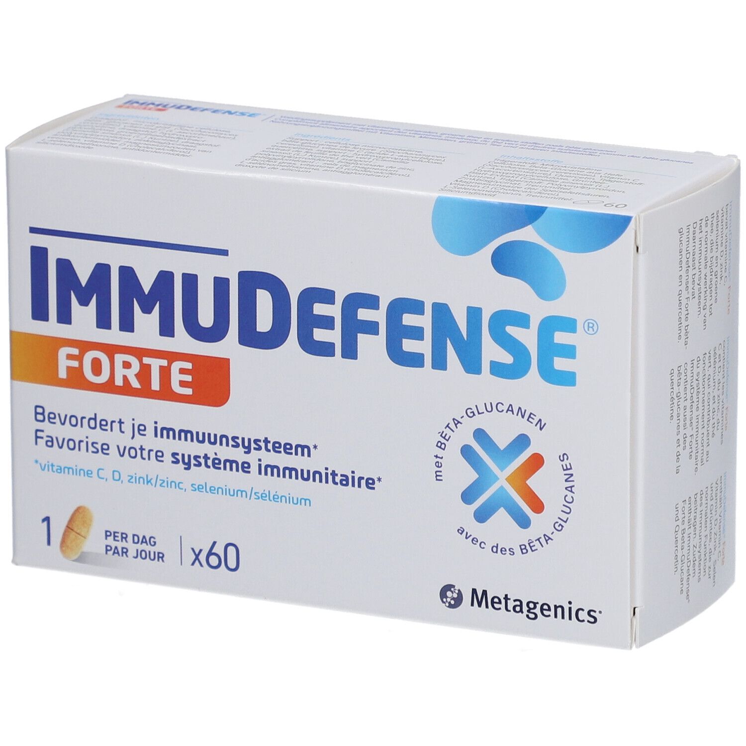 Doos ImmuDefense Forte. Bevat 60 tabletten. Met bèta-glucanen en vitaminen C, D, zink en selenium.