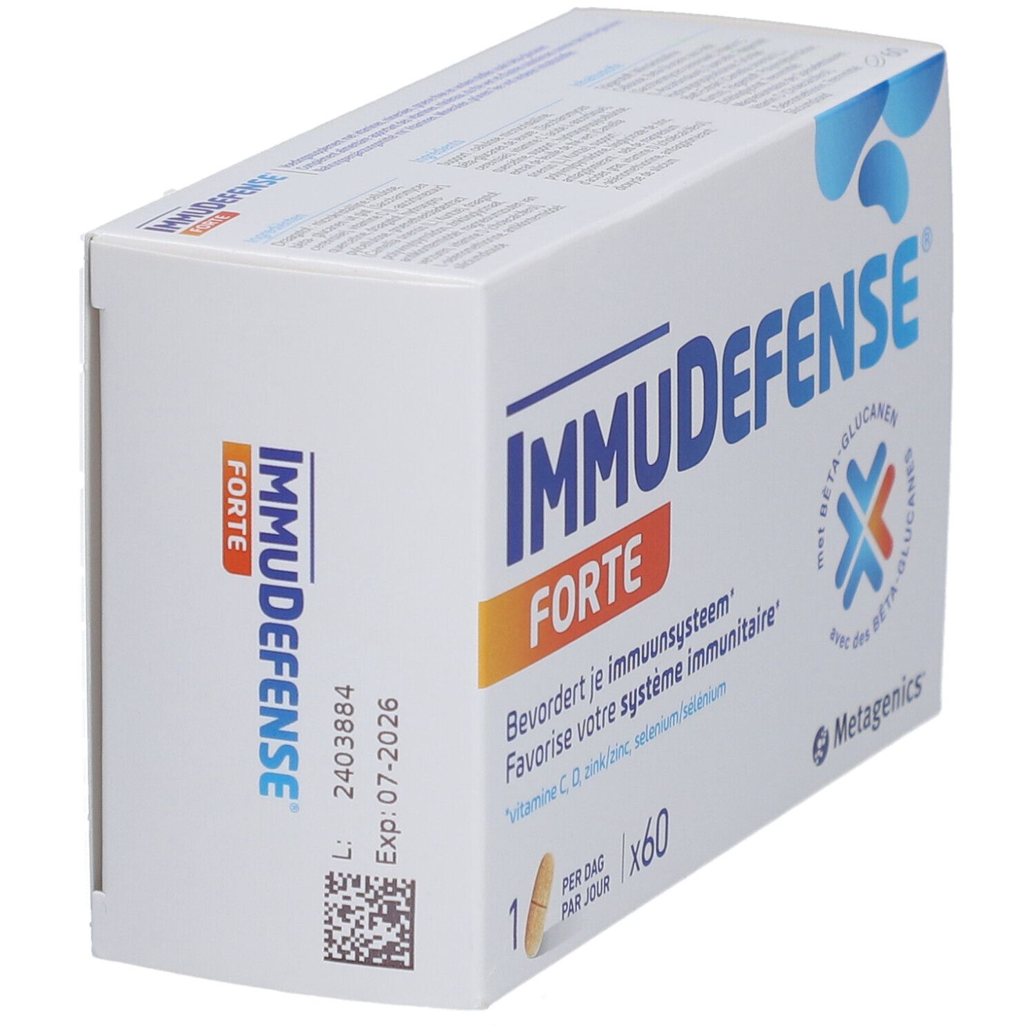 Schuine doos ImmuDefense Forte. Bevat 60 tabletten. Met bèta-glucanen en vitaminen C, D, zink en selenium.