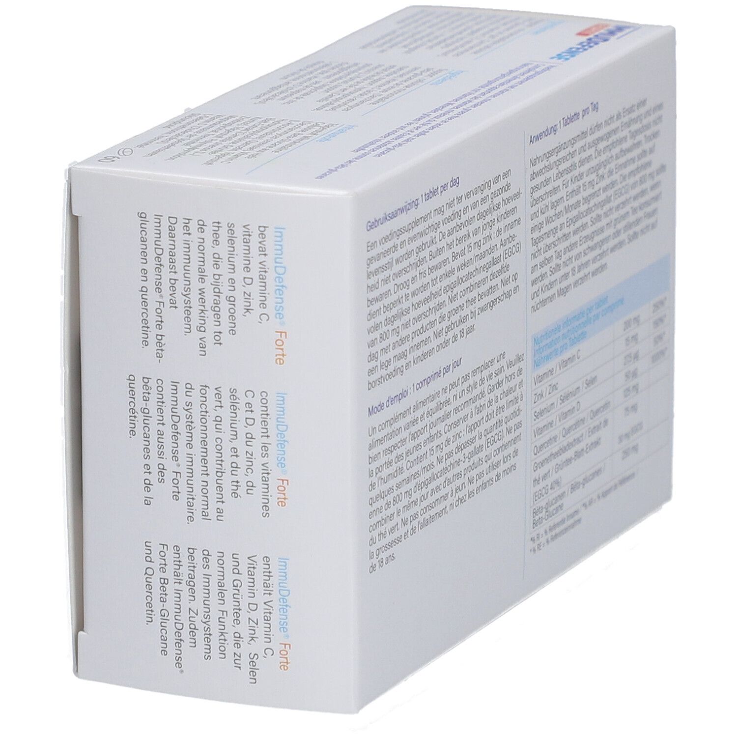 Schuine weergave van de achterkant van de doos ImmuDefense Forte. Bevat informatie over ingrediënten en voedingswaarden.