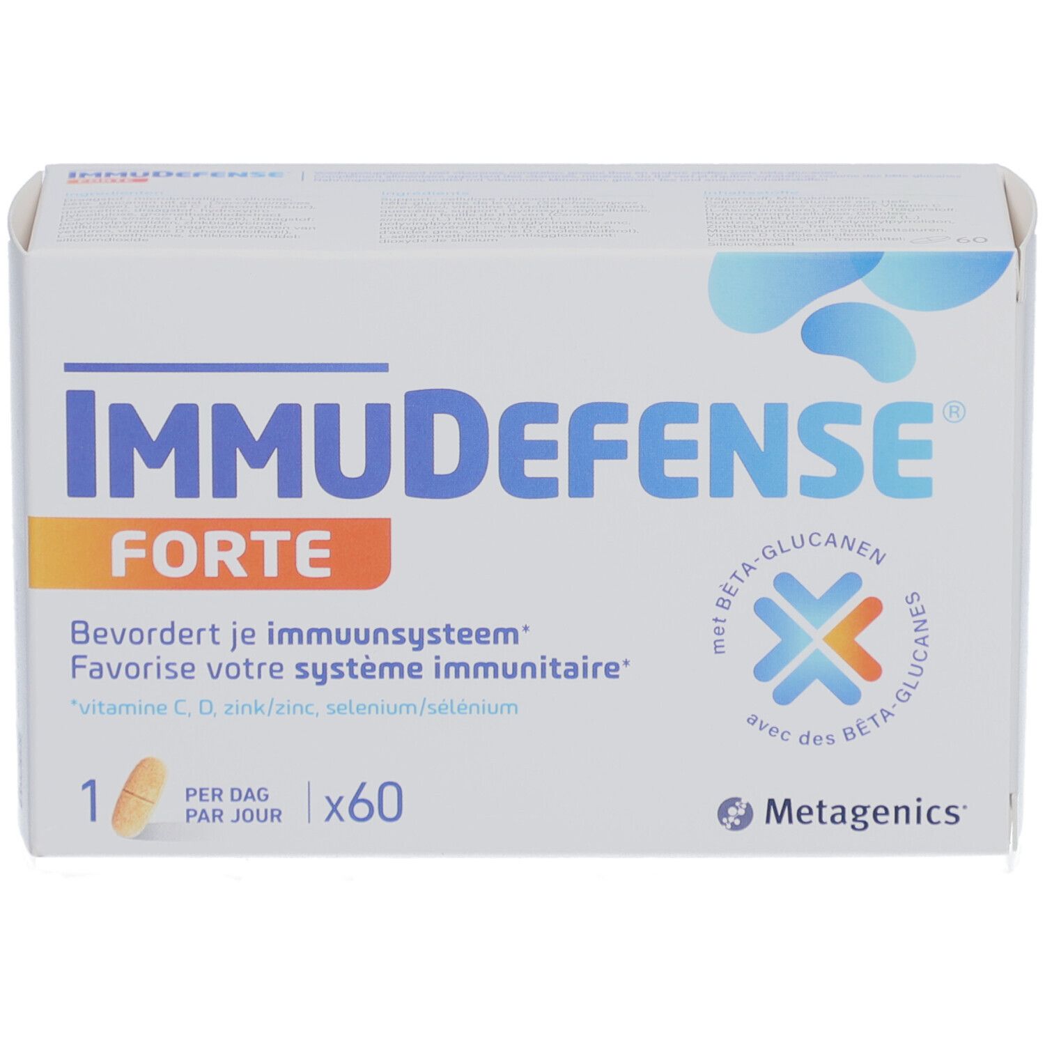Doos ImmuDefense Forte. Bevat 60 tabletten. Met bèta-glucanen en vitaminen C, D, zink en selenium.
