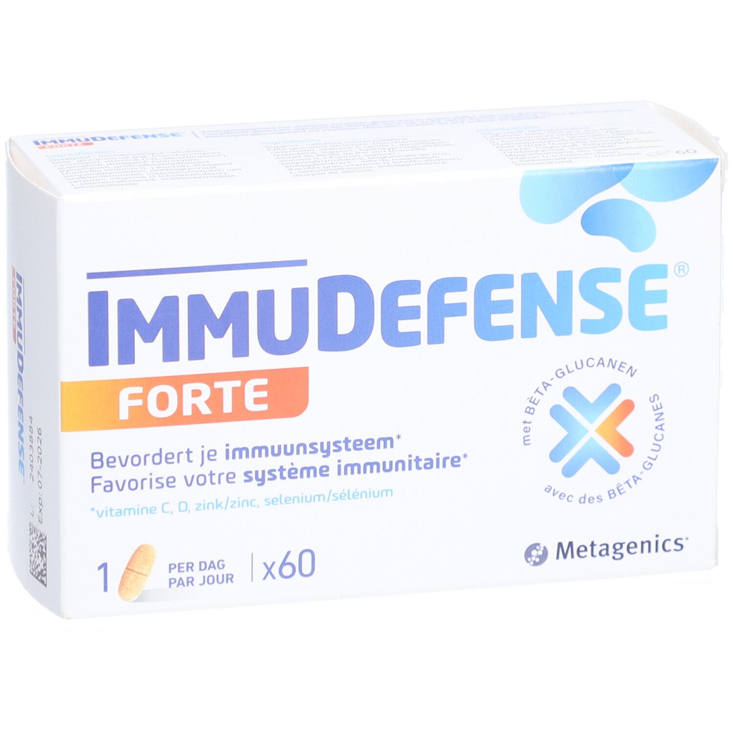 Doos ImmuDefense Forte. Bevat 60 tabletten. Met bèta-glucanen en vitaminen C, D, zink en selenium.