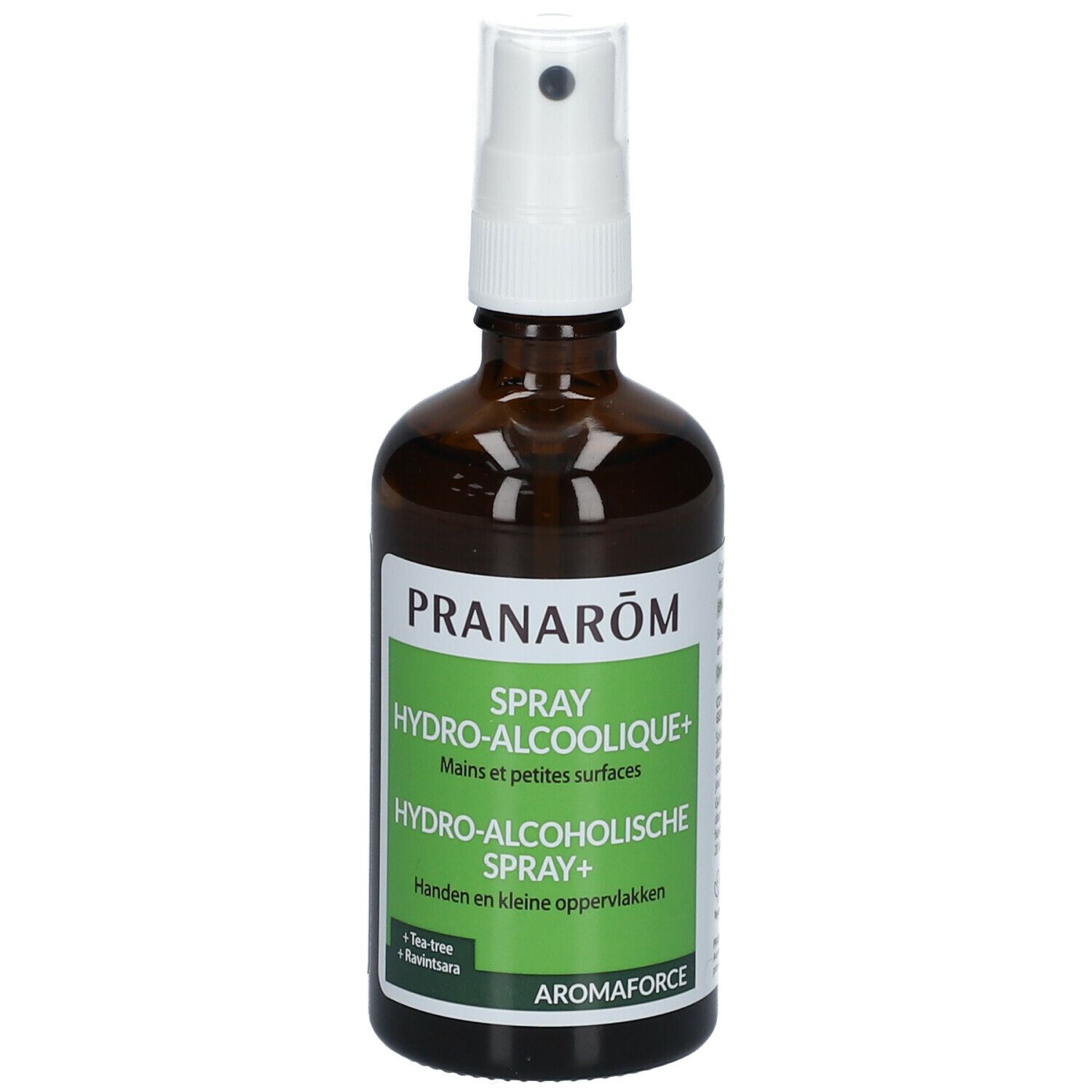 Braune Glasflasche mit weißem Sprühkopf. Aufkleber mit grüner Schrift: PRANARÔM, SPRAY HYDRO-ALCOOLIQUE+, AROMAFORCE.