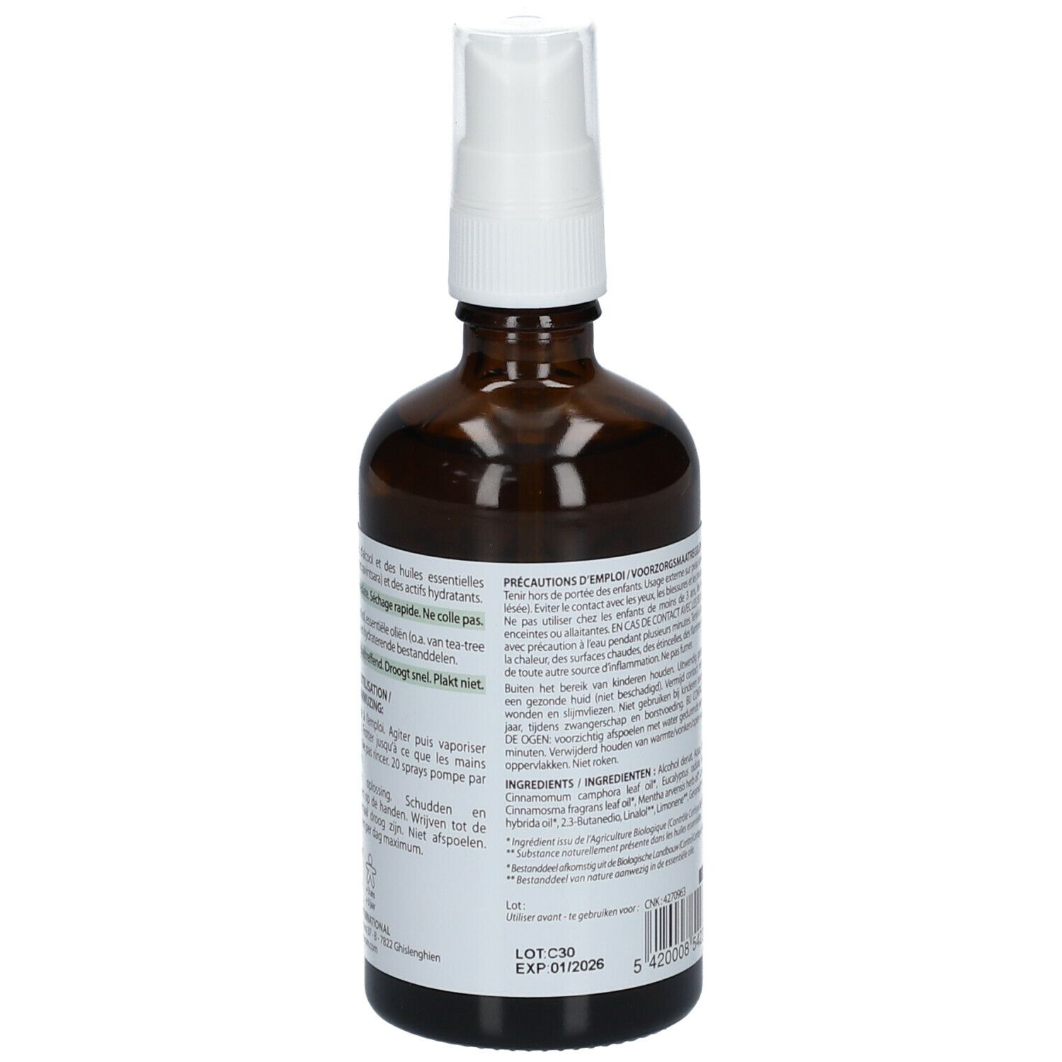 Rückseite einer braunen Glasflasche mit weißem Sprühkopf. Etikett mit Text und Barcode. Enthält Informationen zur Anwendung.