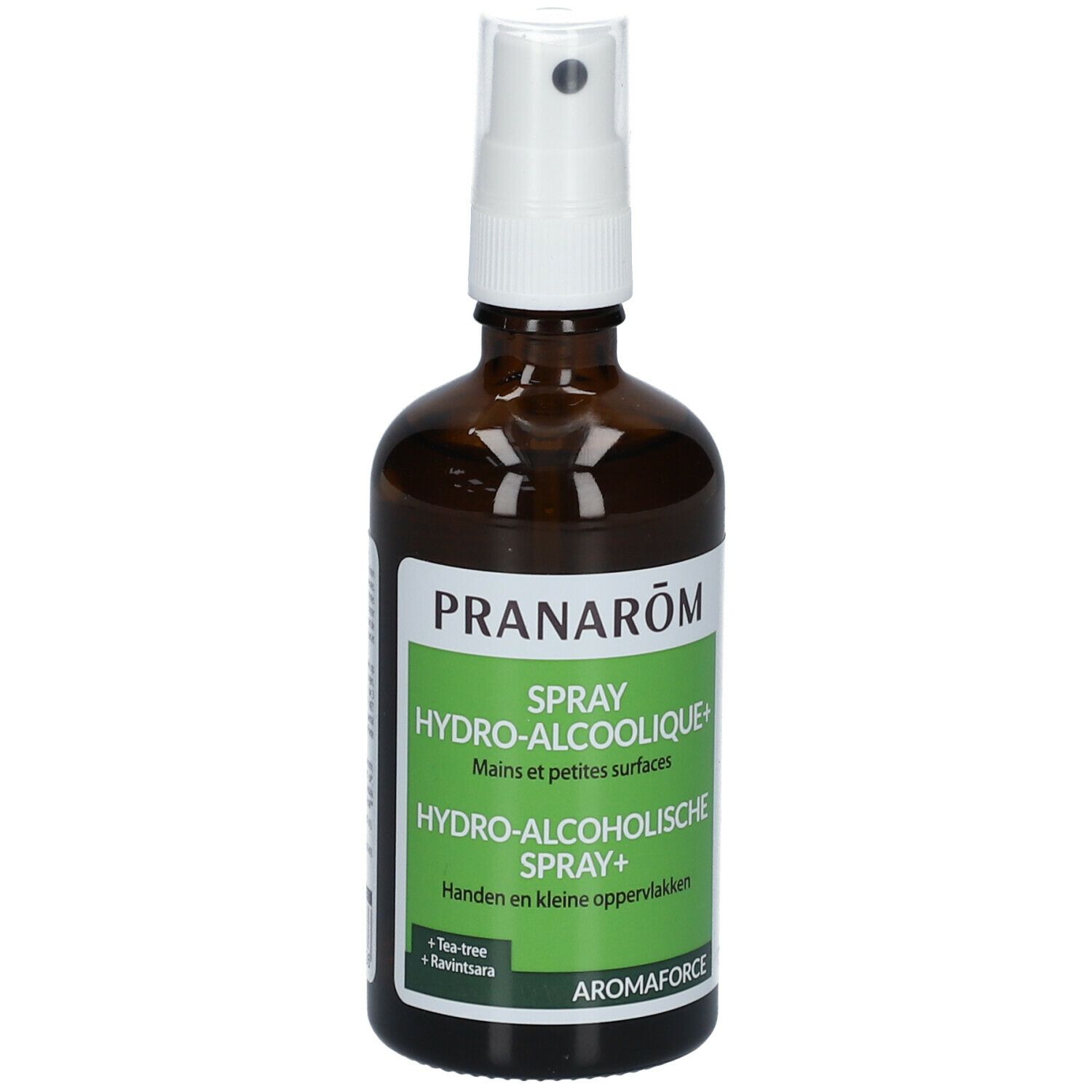 Braune Glasflasche mit weißem Sprühkopf. Aufkleber mit grüner Schrift: PRANARÔM, SPRAY HYDRO-ALCOOLIQUE+, AROMAFORCE.