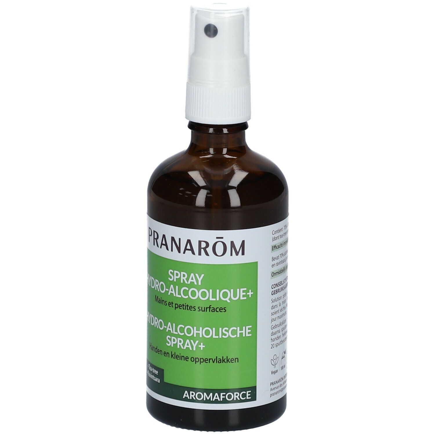 Braune Glasflasche mit weißem Sprühkopf. Aufkleber mit grüner Schrift: PRANARÔM, SPRAY HYDRO-ALCOOLIQUE+, AROMAFORCE.