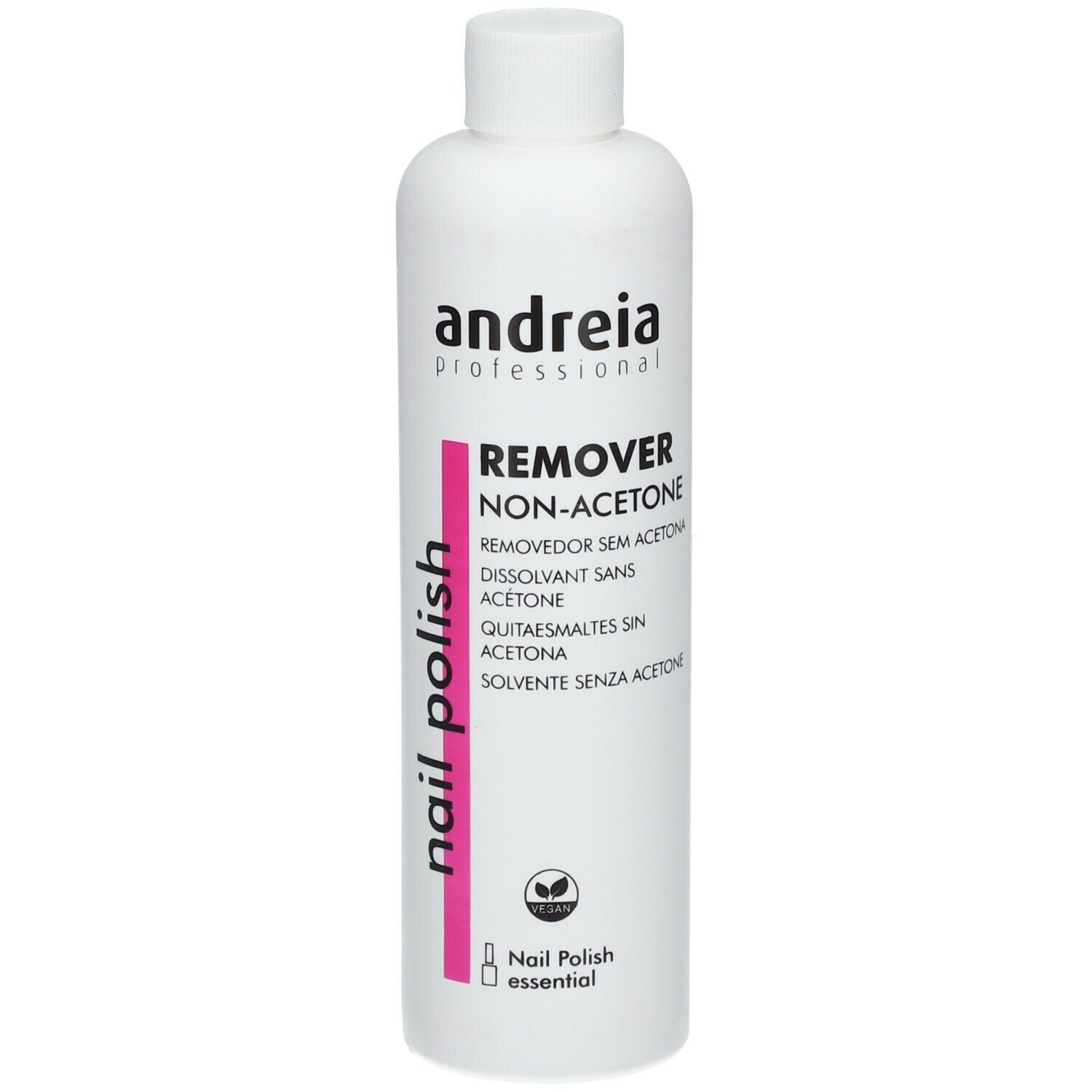 Weiße Flasche mit "andreia professional" und "REMOVER NON-ACETONE" Aufschrift. Vegan-Logo.