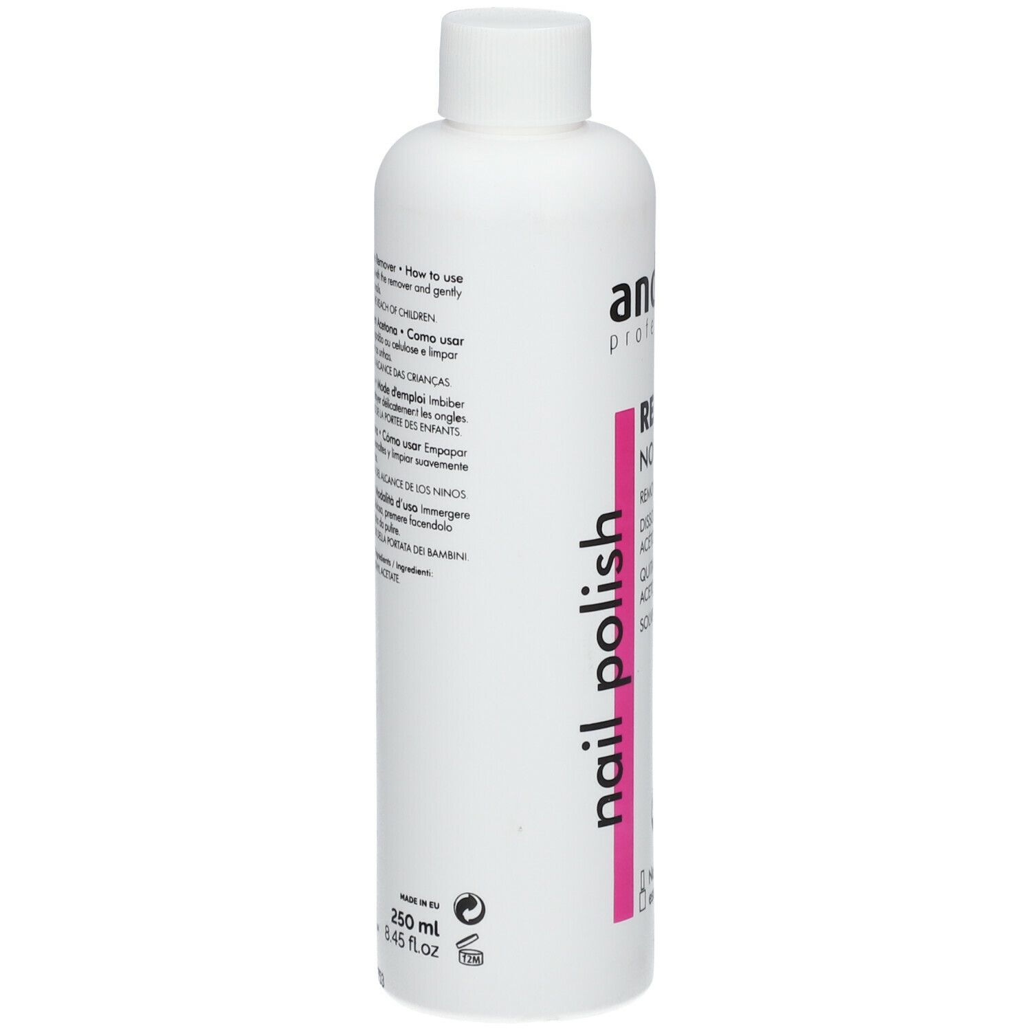 Weiße Flasche mit "andreia professional" und "REMOVER NON-ACETONE" Aufschrift. Vegan-Logo.