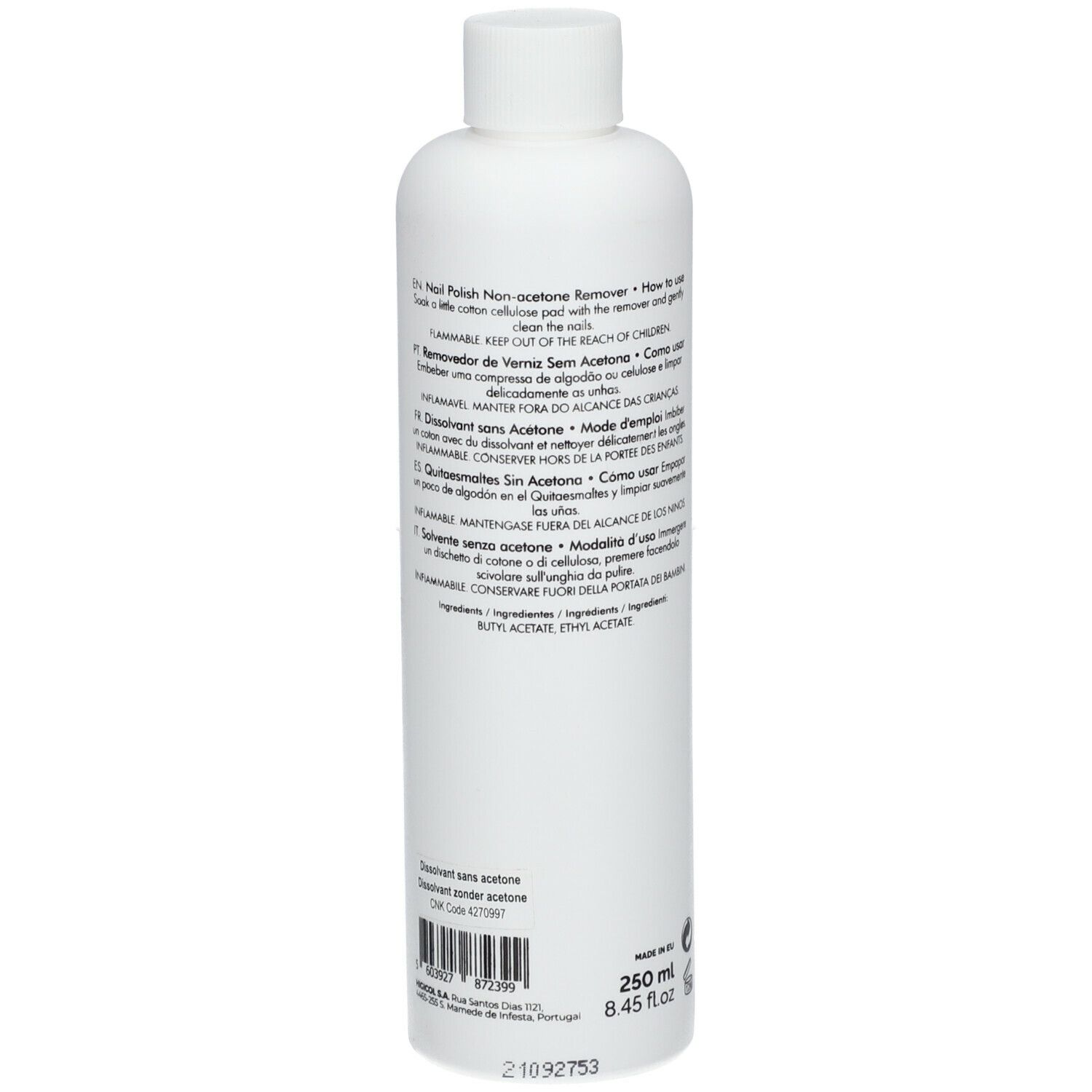Weiße Flasche mit Text. Rückseite mit Inhaltsstoffen und Volumenangabe 250 ml.