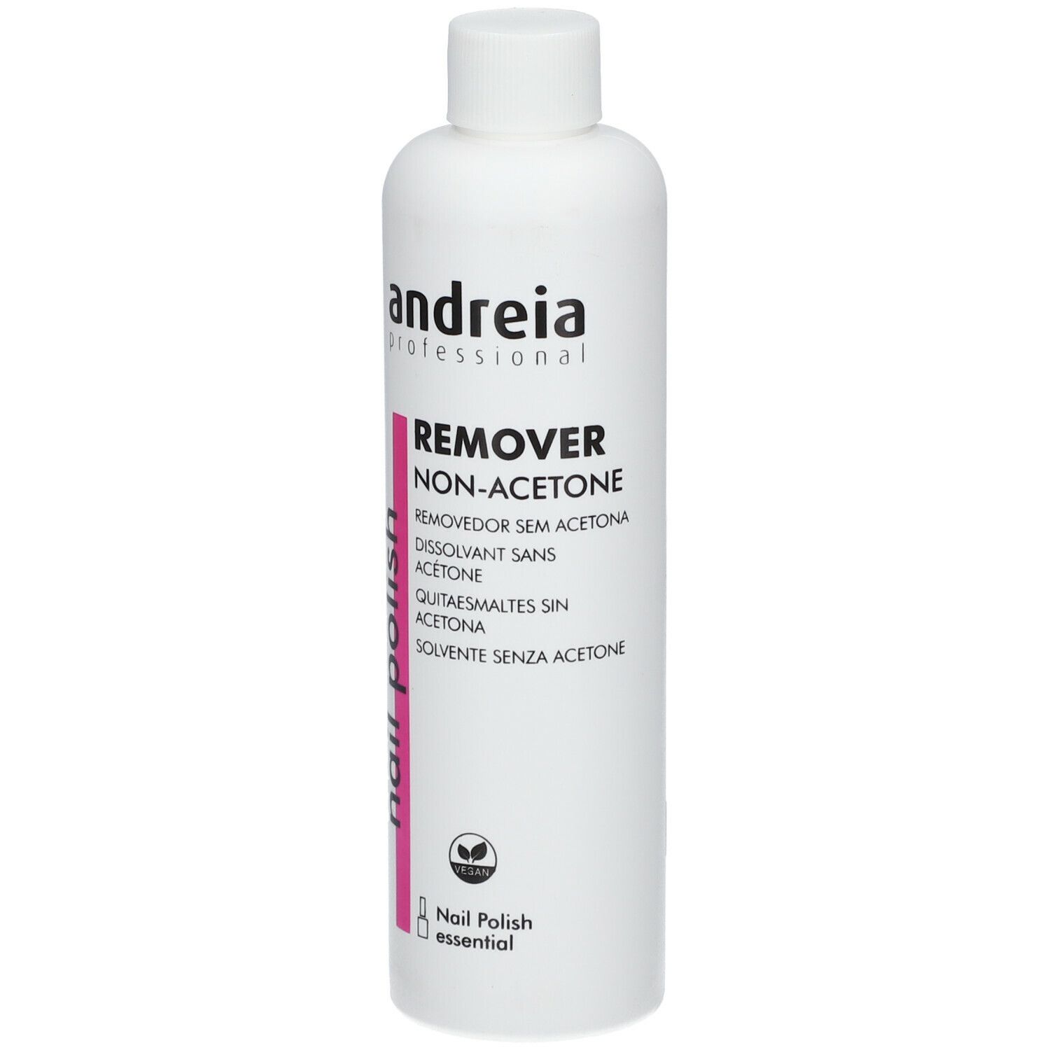 Weiße Flasche mit "andreia professional" und "REMOVER NON-ACETONE" Aufschrift. Vegan-Logo.