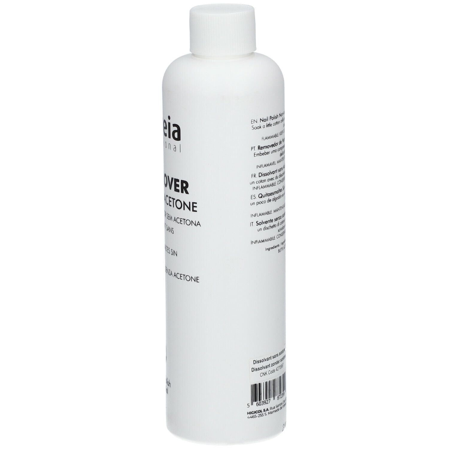 Weiße Flasche mit Text. Rückseite mit Inhaltsstoffen und Volumenangabe 250 ml.