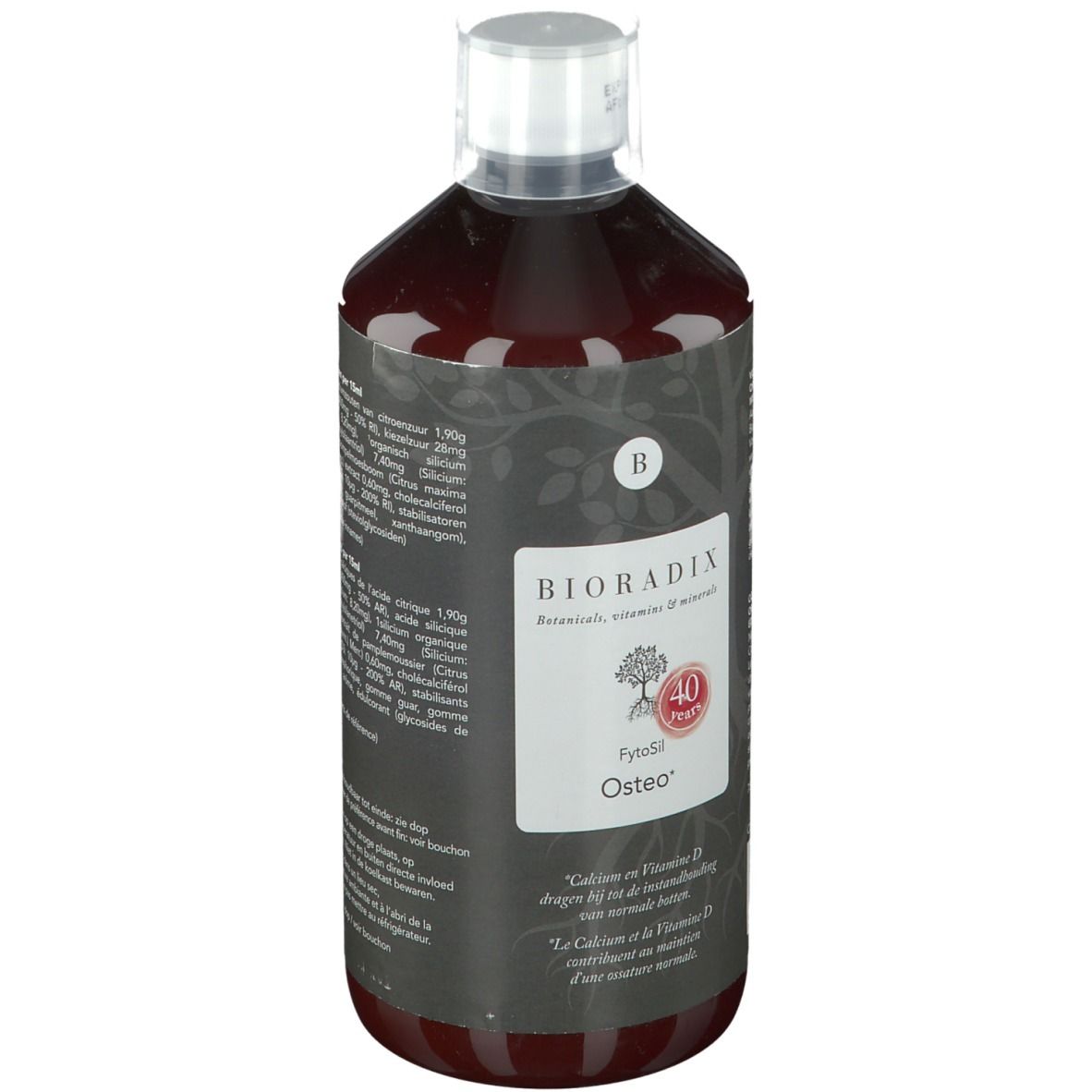 Liquide brun dans une bouteille à bouchon blanc. L'étiquette indique "BIORADIX FytoStil Osteo".