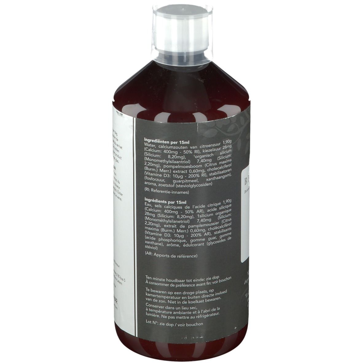 Dos d'une bouteille de liquide brun avec bouchon blanc. Étiquette avec ingrédients multilingues.