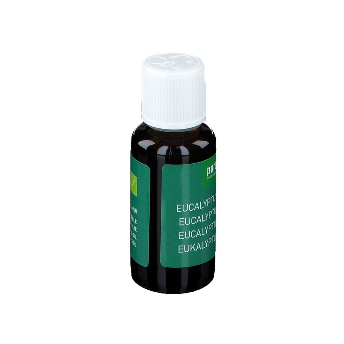 Een fles met witte dop en groen etiket. Opschrift: Eucalyptus Globulus. Merk: Purasana.