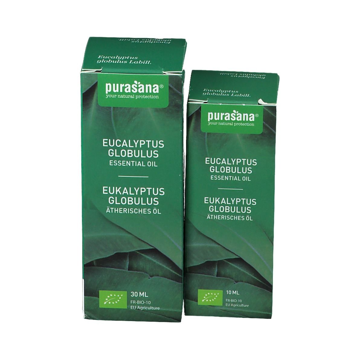 Twee groene dozen. Opschrift: Eucalyptus Globulus. Merk: Purasana. Bio-certificering.