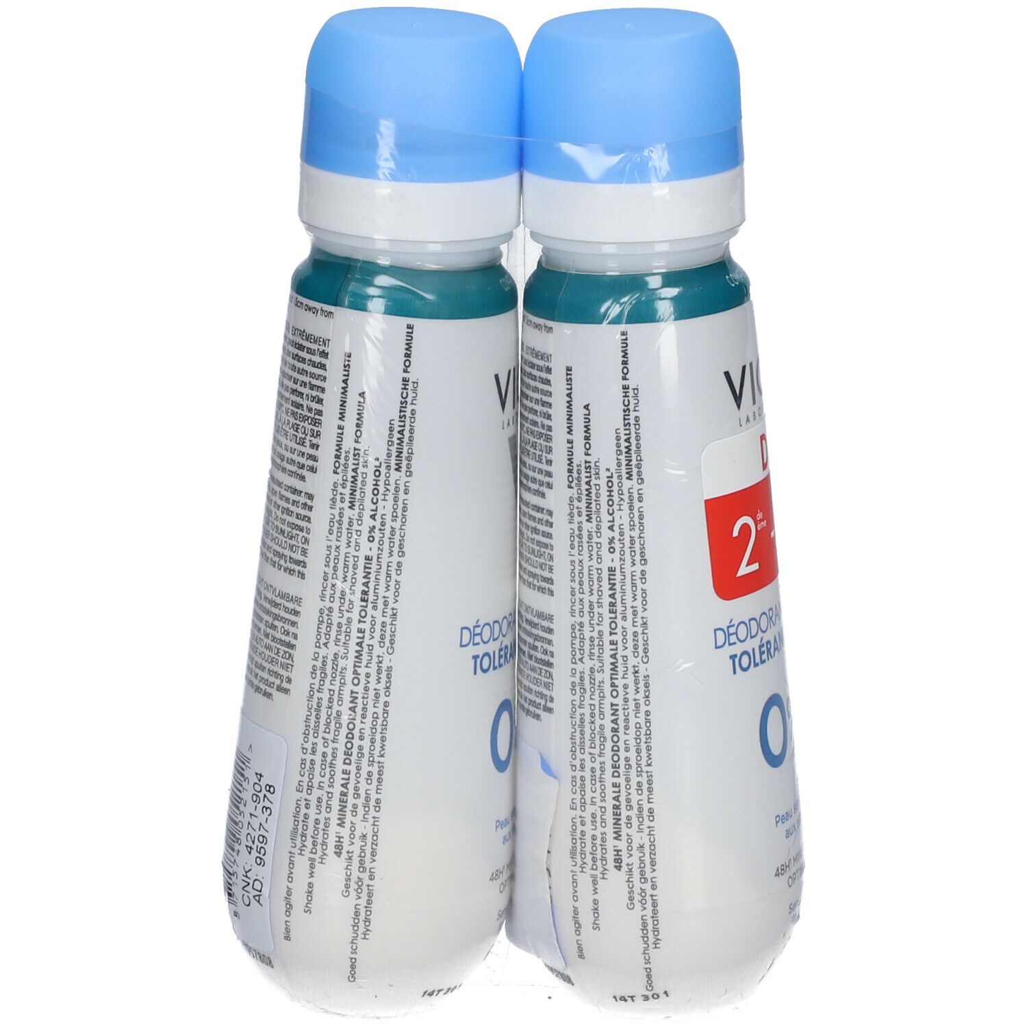 Twee deodorantflessen verpakt in folie. Blauwe doppen, witte flessen met tekst. Opschrift: VICHY, Mineral Deodorant 48h.