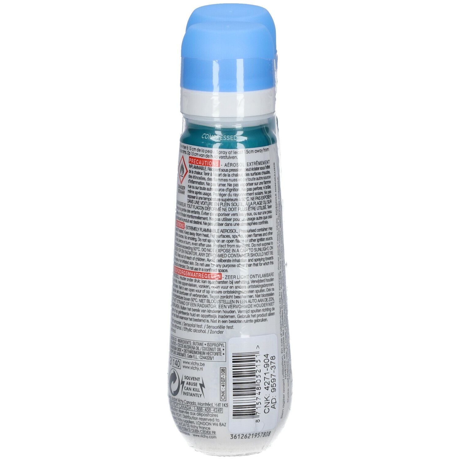 Een deodorantfles, verpakt. Blauwe dop, witte fles met tekst. Opschrift: VICHY, Mineral Deodorant 48h.