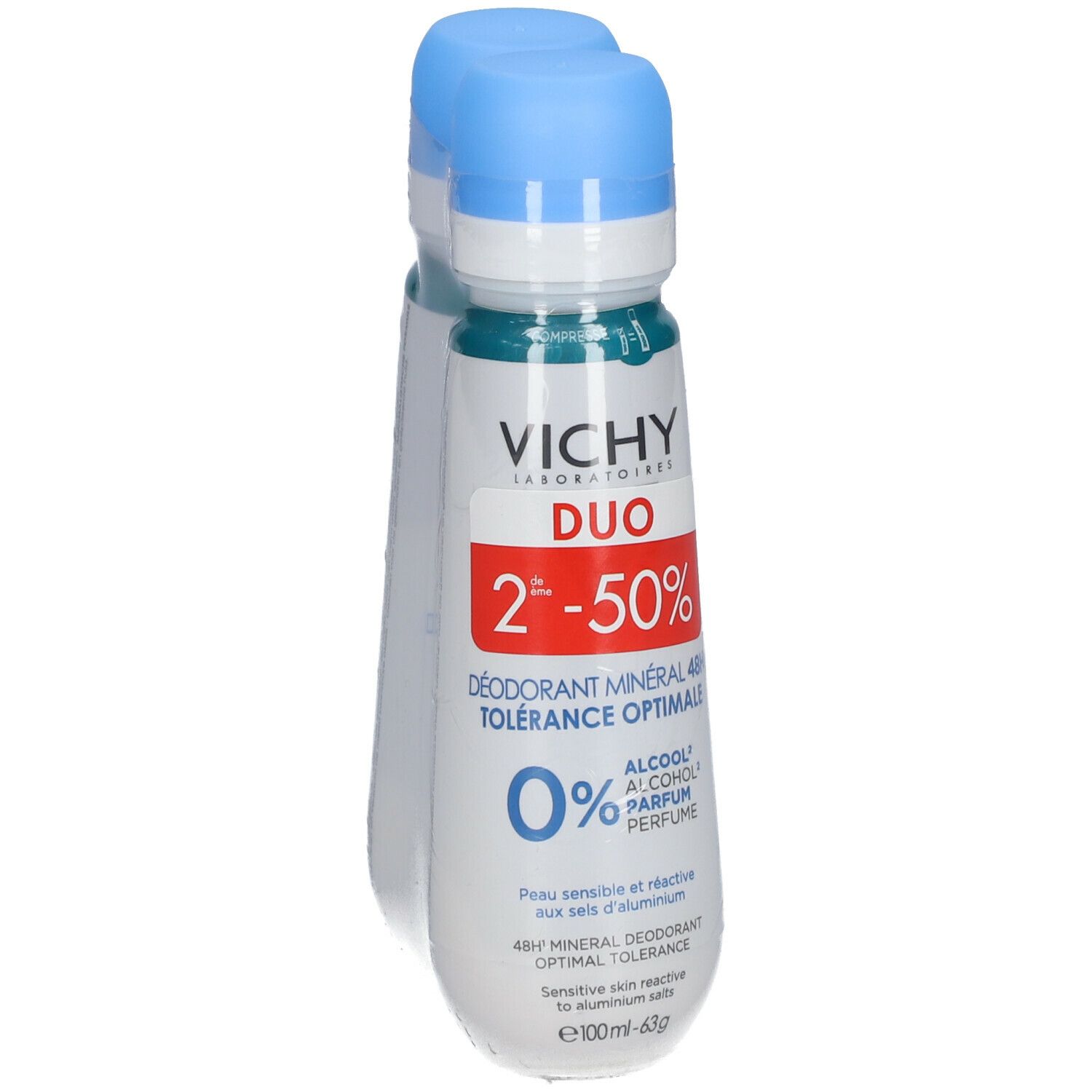 Twee deodorantflessen verpakt in folie. Blauwe doppen, witte flessen met tekst. Opschrift: VICHY, Mineral Deodorant 48h.