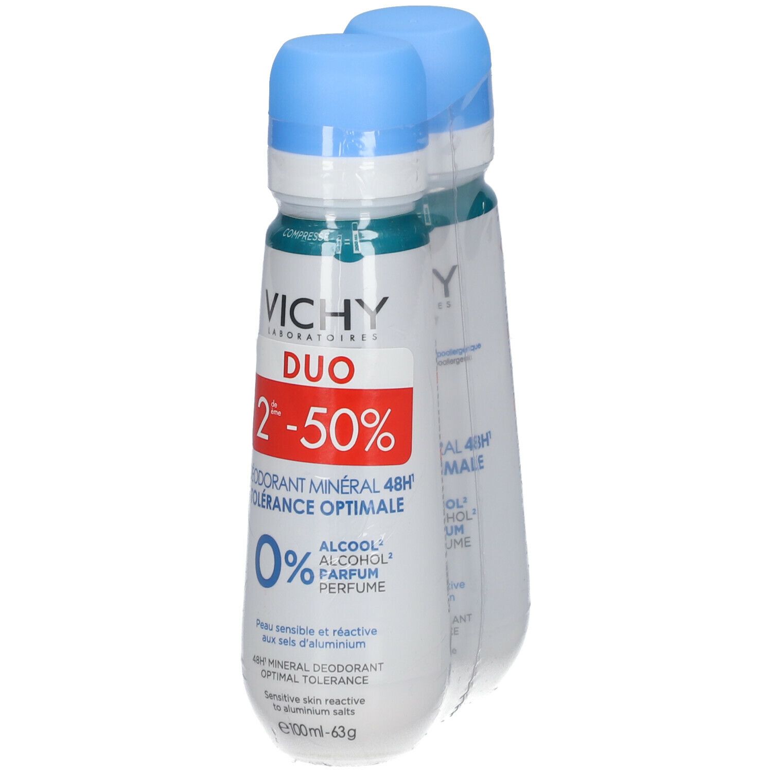 Twee deodorantflessen verpakt in folie. Blauwe doppen, witte flessen met tekst. Opschrift: VICHY, Mineral Deodorant 48h.