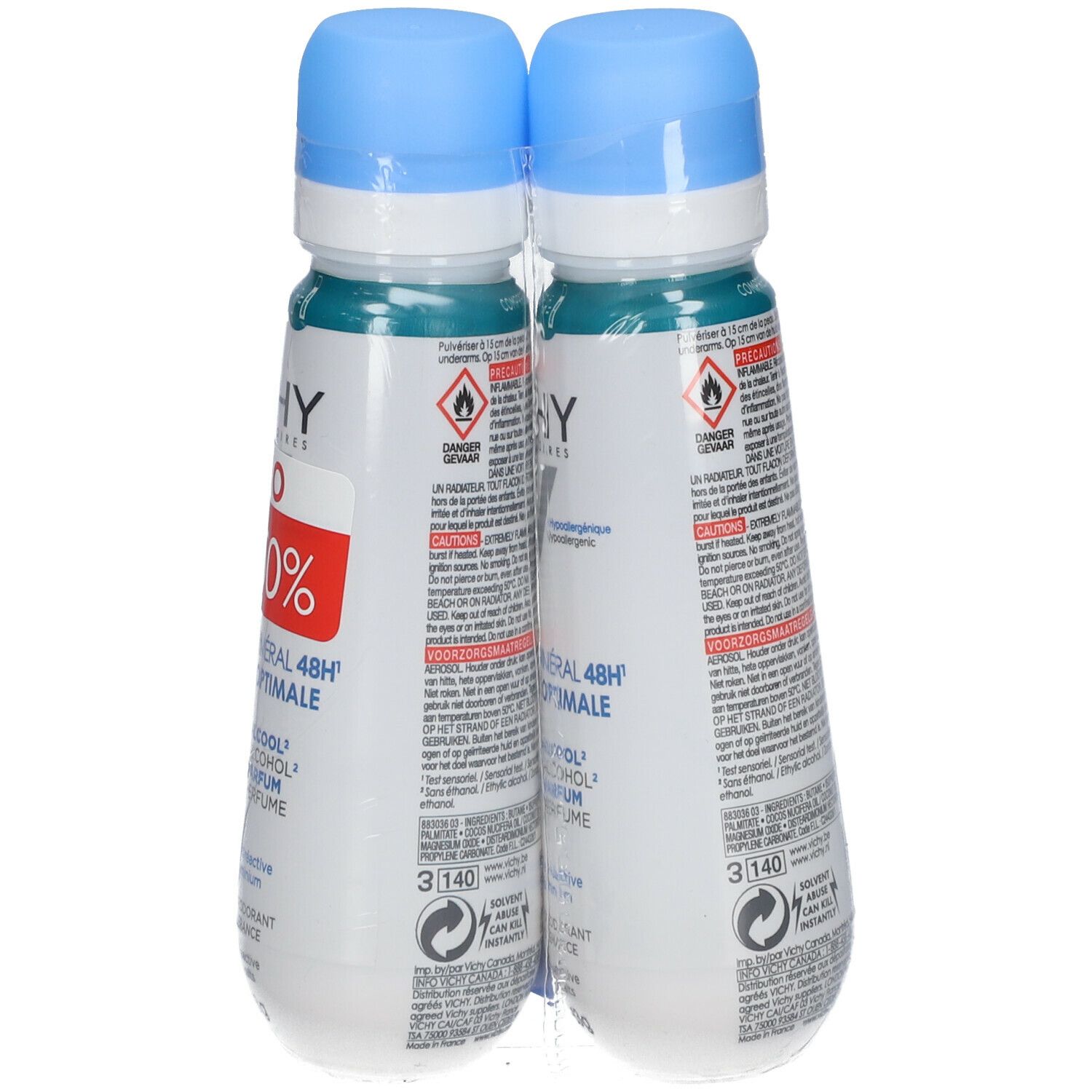Twee deodorantflessen verpakt in folie. Blauwe doppen, witte flessen met tekst. Opschrift: VICHY, Mineral Deodorant 48h.