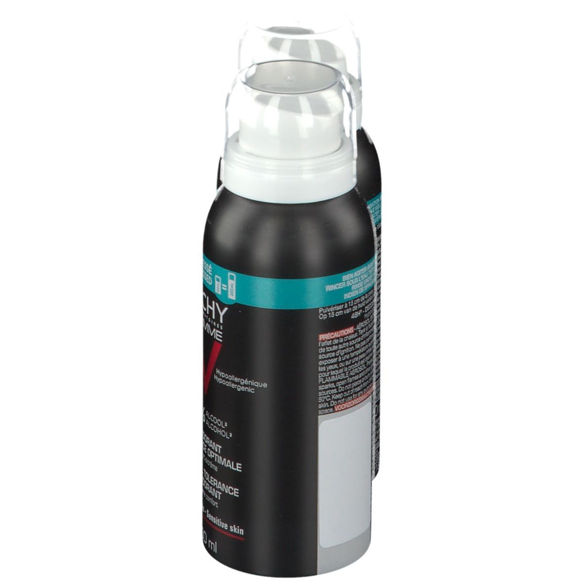 Twee deodorant sprays, zijaanzicht. Zwarte flessen met witte sproeikop. Tekst zichtbaar.
