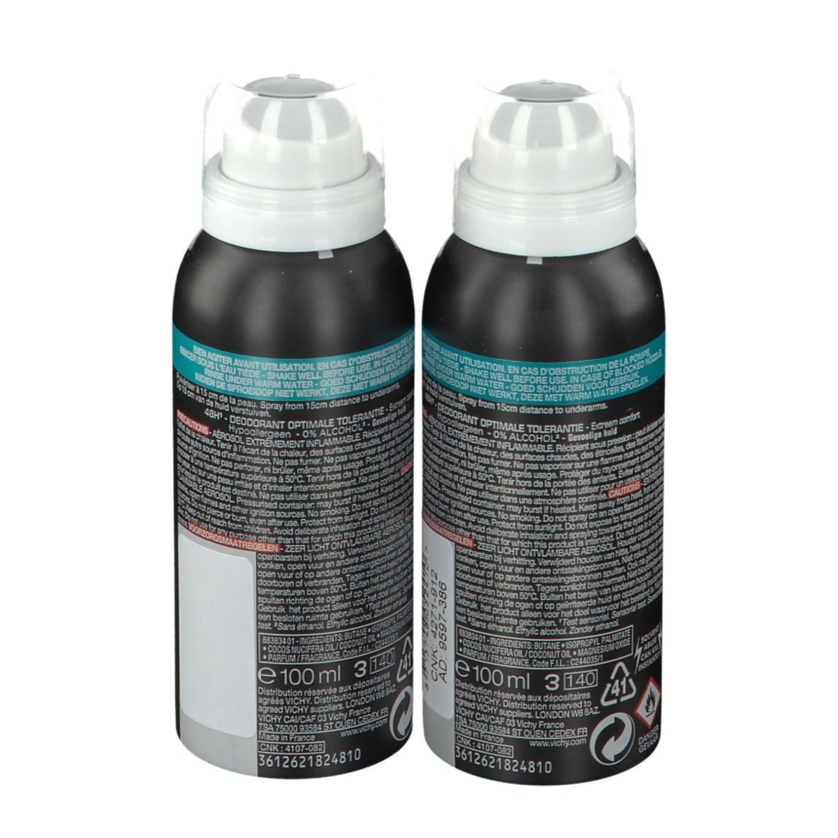 Twee deodorant sprays, achteraanzicht. Zwarte flessen met witte sproeikop. Tekst en etiketten.