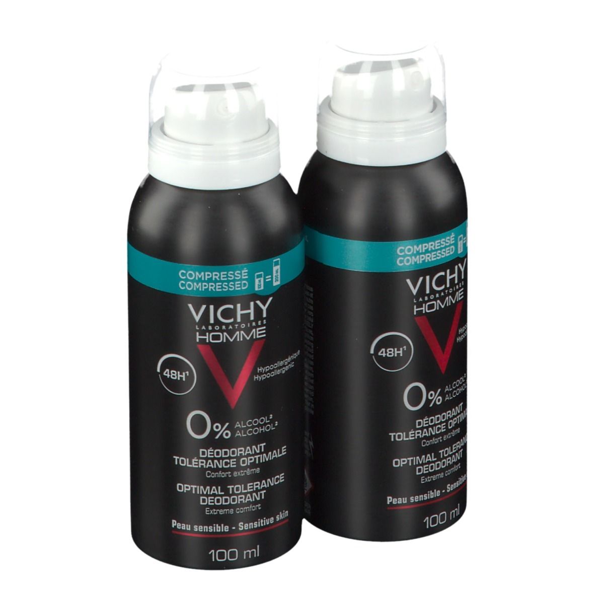Twee zwarte deodorant sprays met witte sproeikop. Tekst: VICHY HOMME, 0% alcohol, 48H.