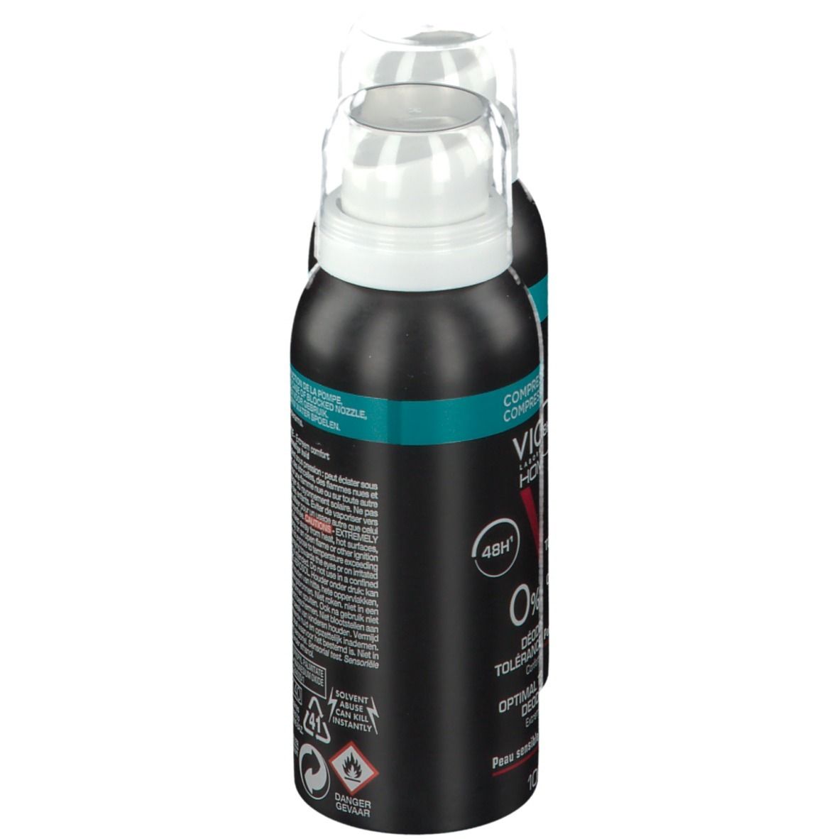 Twee deodorant sprays, zijaanzicht. Zwarte flessen met witte sproeikop. Tekst zichtbaar.