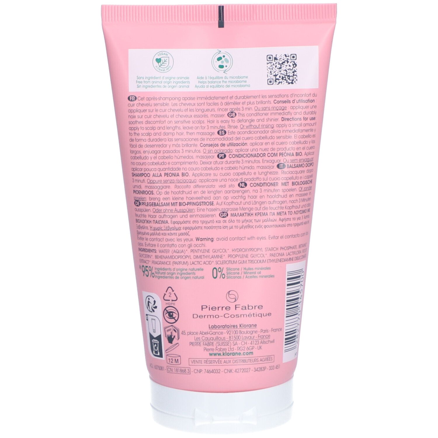 Dos du tube rose. Texte et QR code. Fabricant: Pierre Fabre. 95% ingrédients d'origine naturelle.
