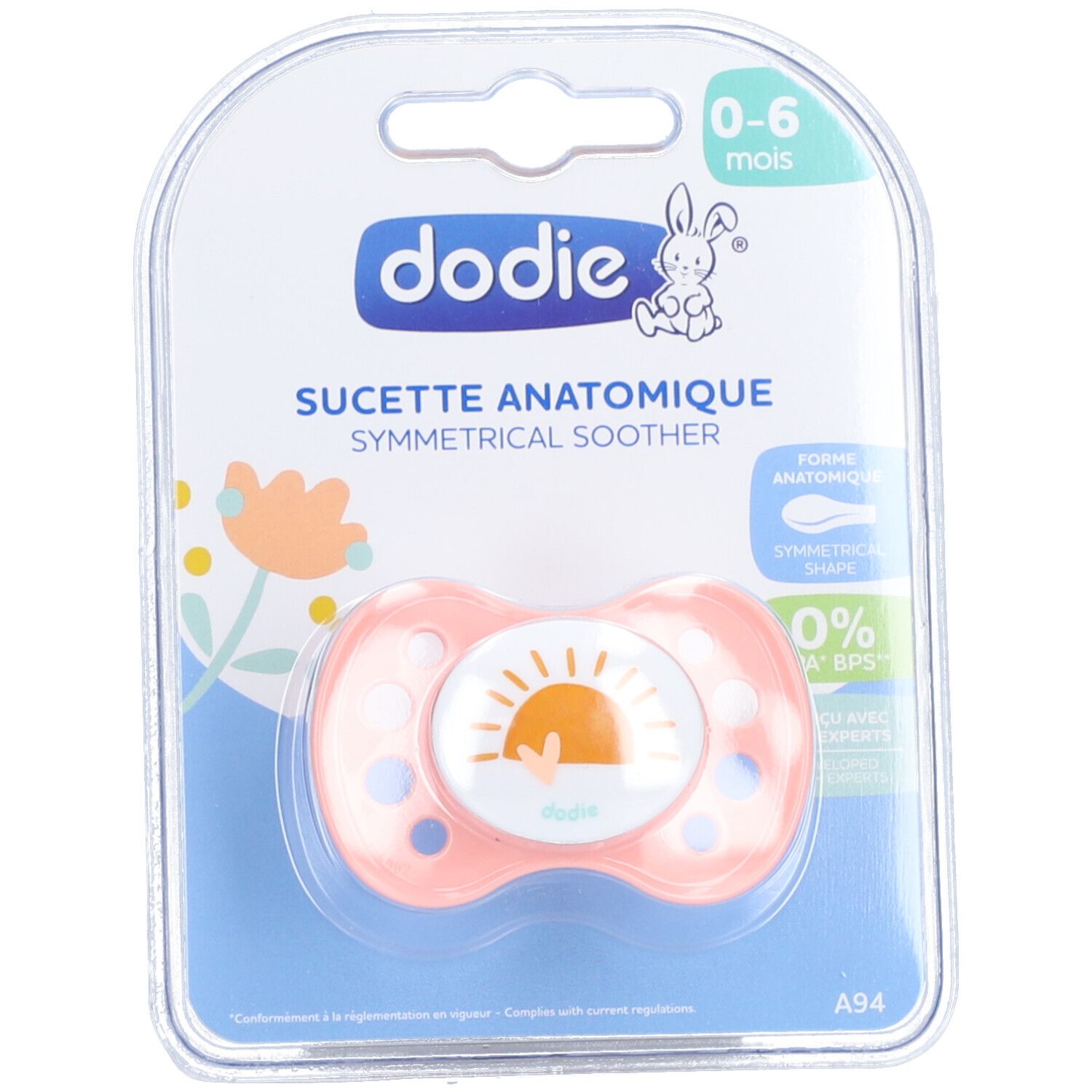 Roze speen Dodie in blisterverpakking. Anatomische vorm, 0-6 maanden. Tekst: Symmetrical Soother.