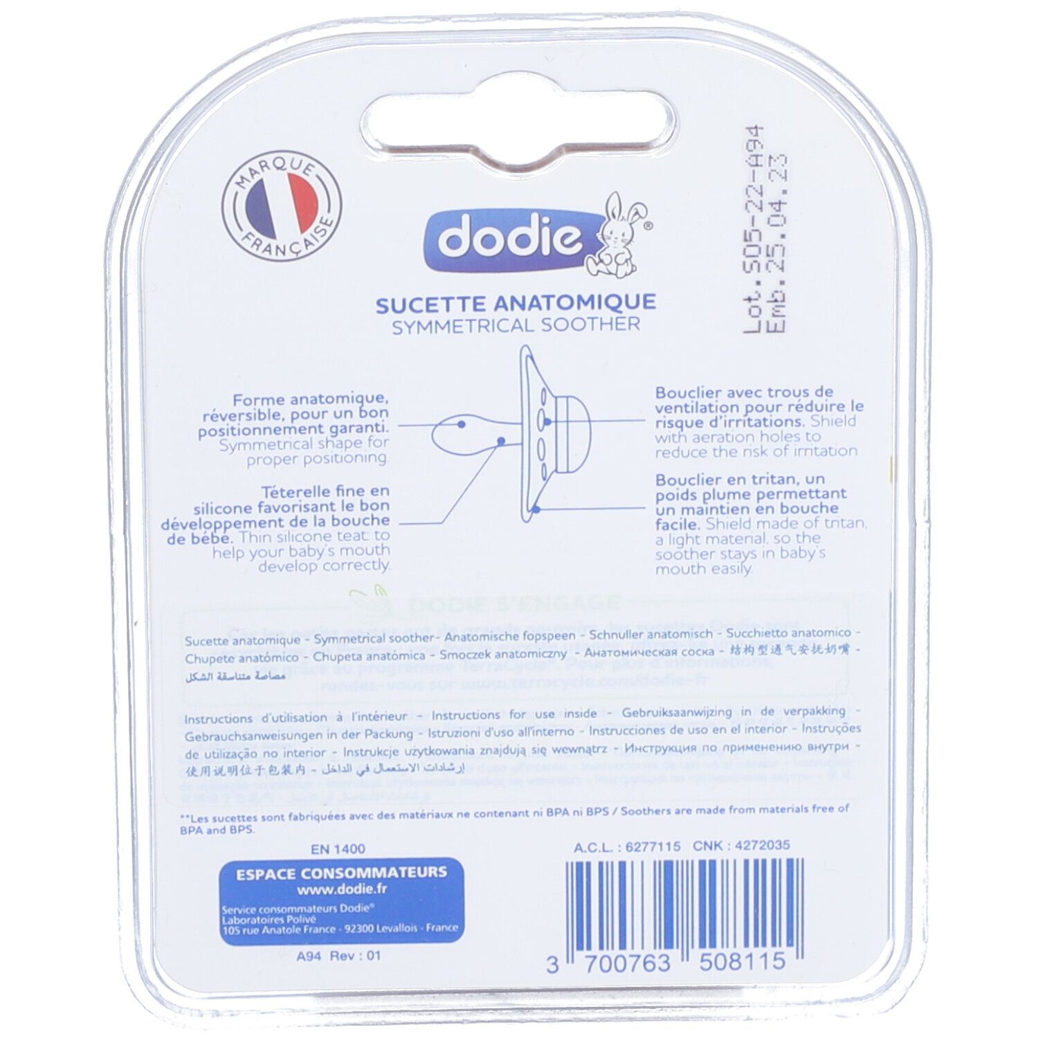 Achterkant blisterverpakking. Merk Dodie. Tekst: Symmetrical Soother. Informatie over anatomische vorm en materiaal.